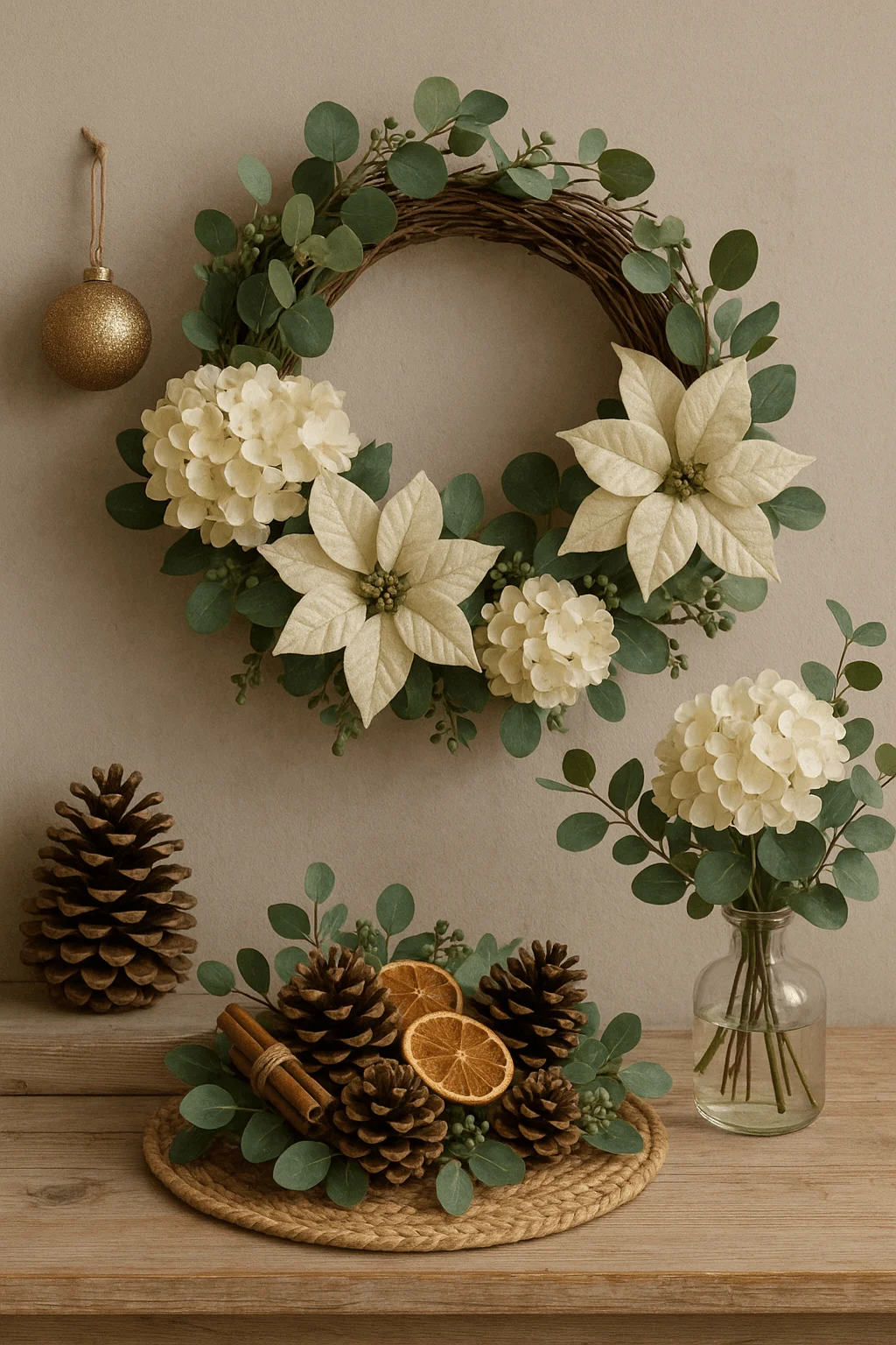Neutral-toned Christmas display with a eucalyptus and white-floral wreath, pinecones, dried oranges, and a simple glass vase arrangement on a wooden table