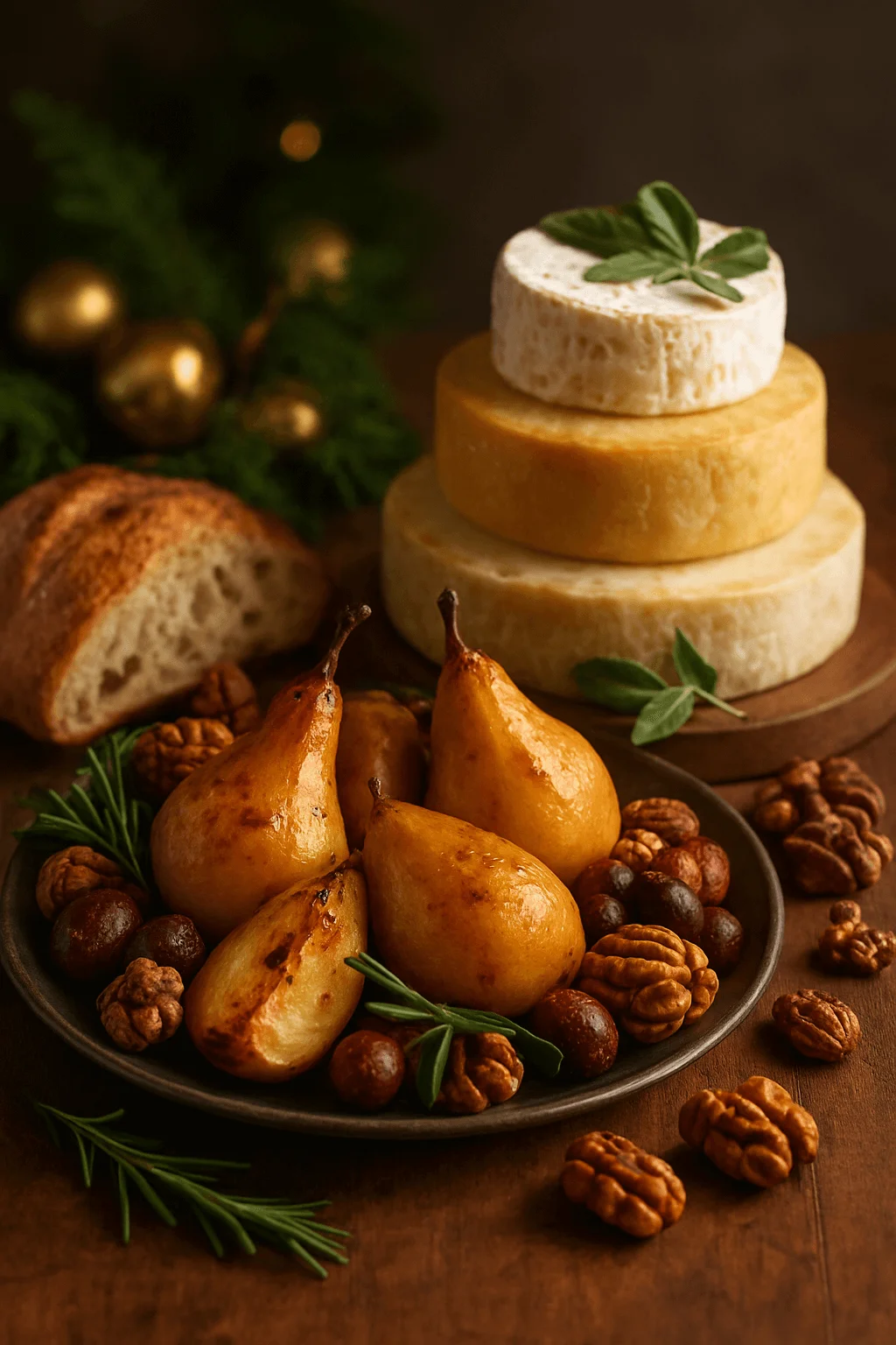 Rustic Christmas cheese and fruit display with stacked artisan cheeses, roasted pears, nuts, fresh rosemary, and bread on a wooden table.