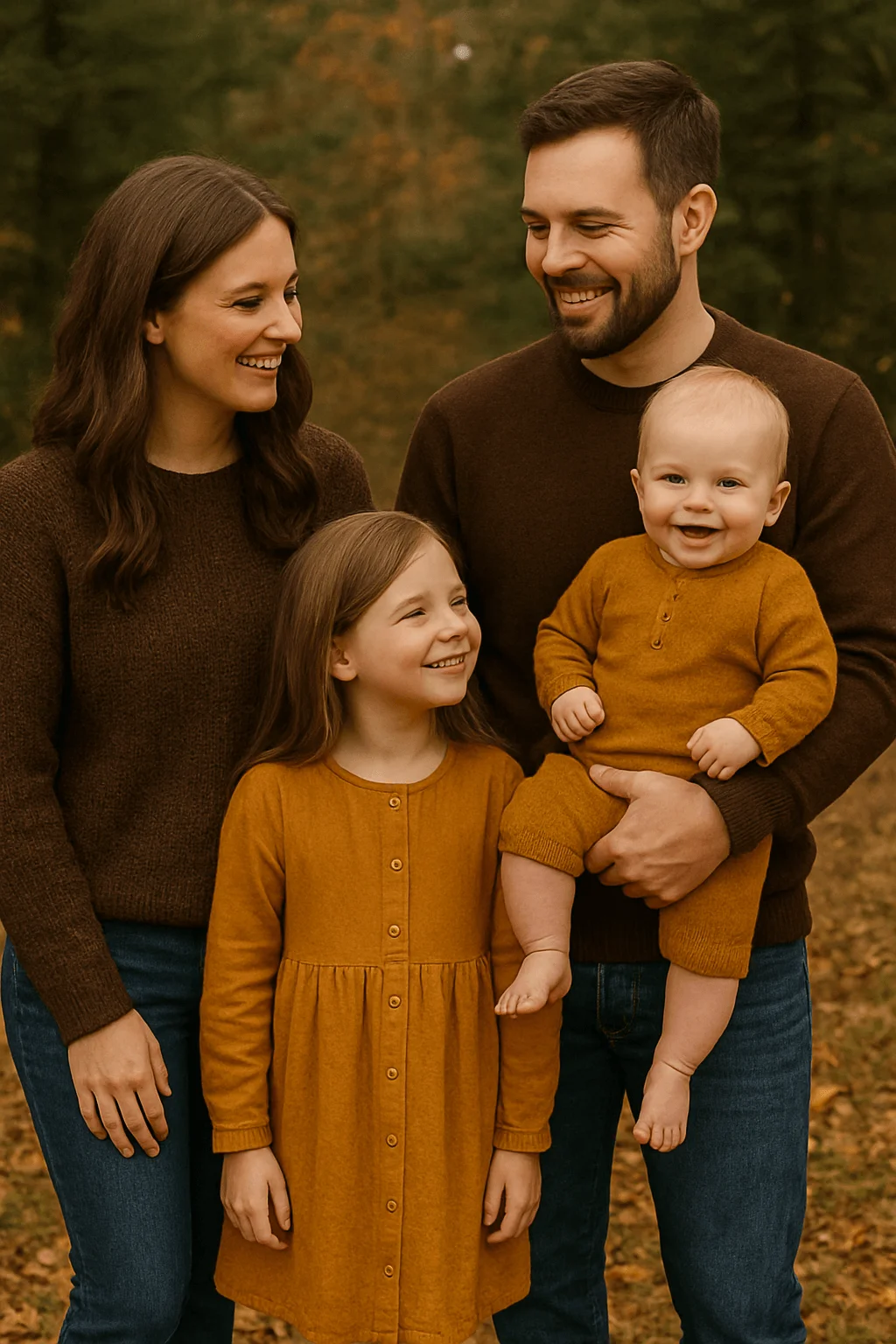 Family wearing coordinated fall outfits with parents in dark brown sweaters, a young girl in a mustard dress, and a baby in a matching mustard knit romper, standing outdoors among autumn leaves and trees.