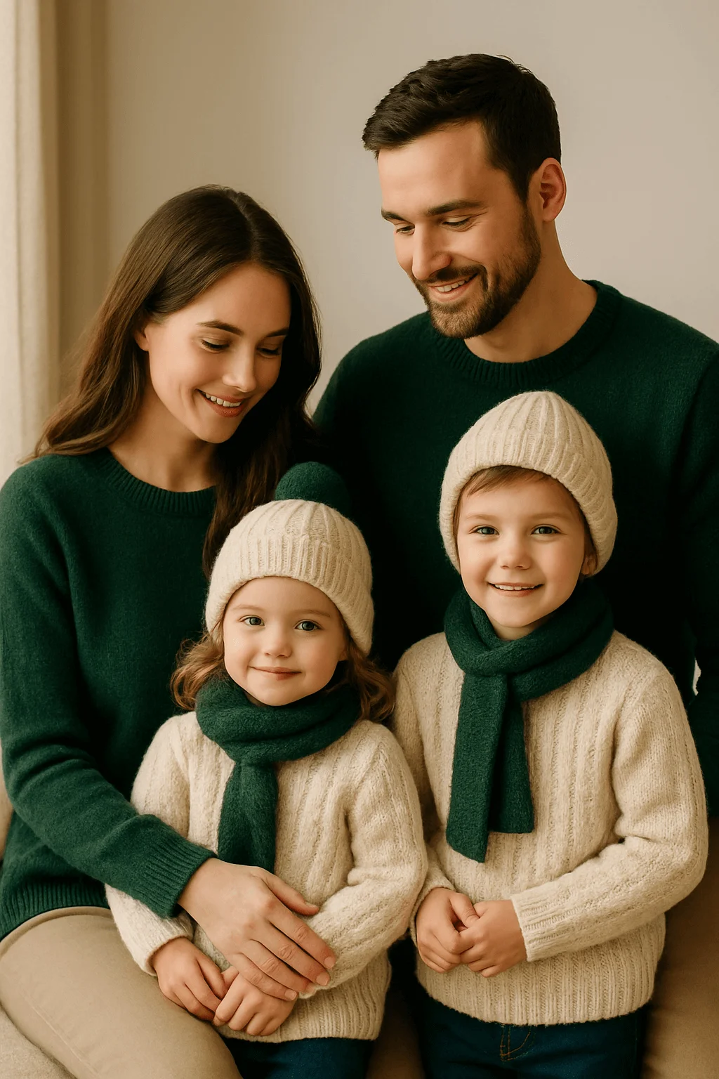 Cozy family photo in green and cream winter outfits with matching knit sweaters hats and scarves