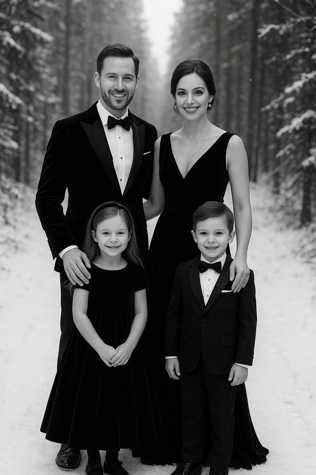 Elegant family photo in black-tie attire posed outdoors in a snowy forest, wearing matching black velvet formal outfits.