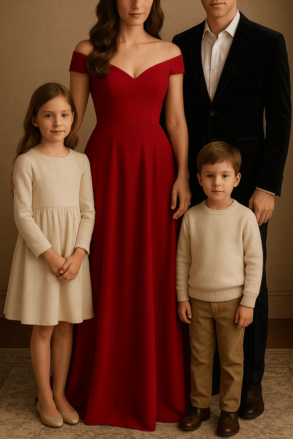 A family dressed in elegant neutral and red formal outfits stands against a warm beige background. The mother wears an off-shoulder red gown, the father is in a black velvet suit with a white shirt, the daughter wears a cream long-sleeve dress, and the young boy wears a cream sweater with tan pants. The overall look is sophisticated and coordinated for a formal family portrait.