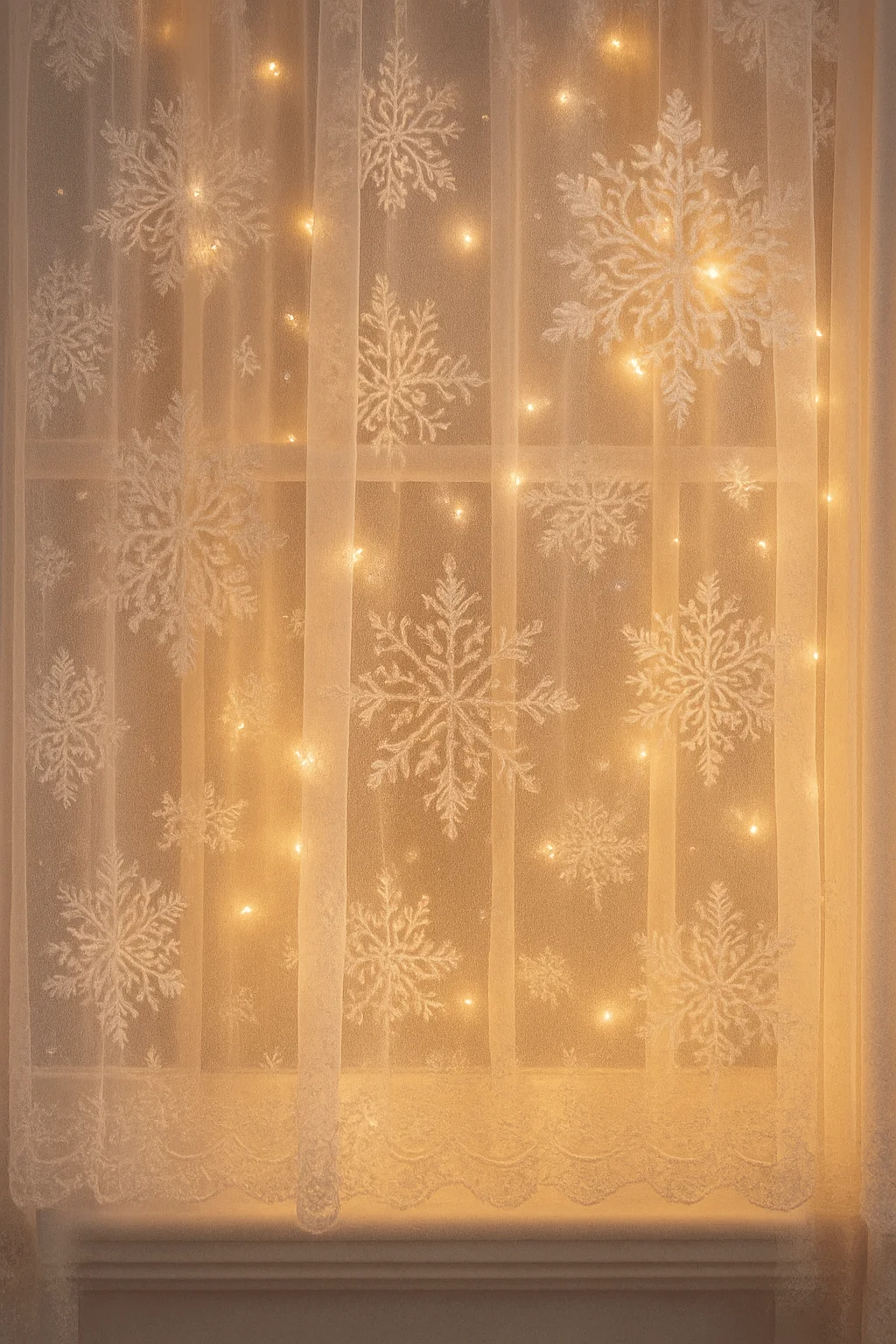 Soft glowing winter window decorated with sheer lace curtains featuring delicate white snowflake patterns and warm ambient fairy lights creating a cozy frosty holiday atmosphere
