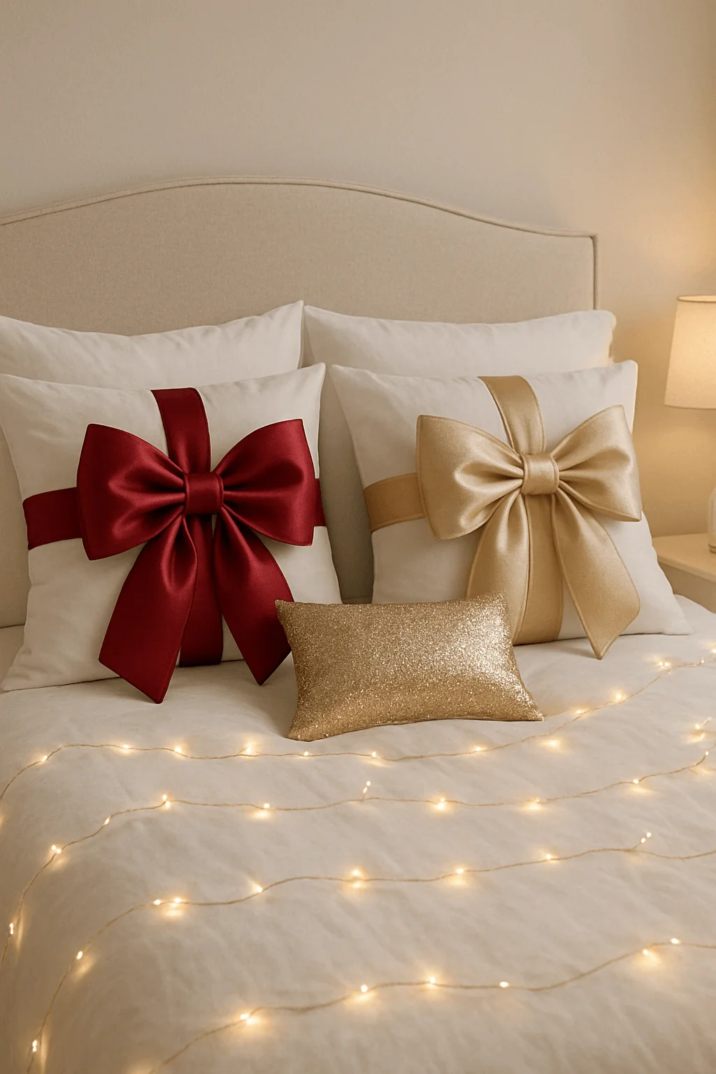 Elegant holiday bedding with white pillows tied in oversized red and gold satin bows, a sparkling gold accent pillow, and soft string lights for a festive “gift-wrapped” look