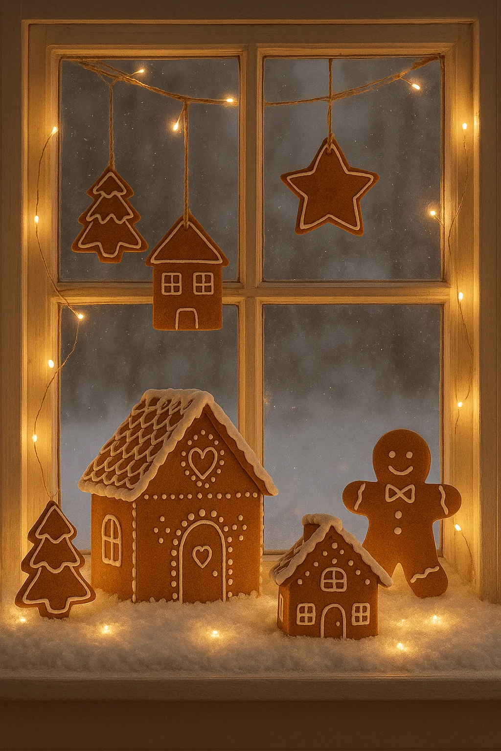 Cozy gingerbread themed window display featuring hanging cookie shaped ornaments glowing string lights snowy white fluff and a gingerbread house village with a cheerful gingerbread figure