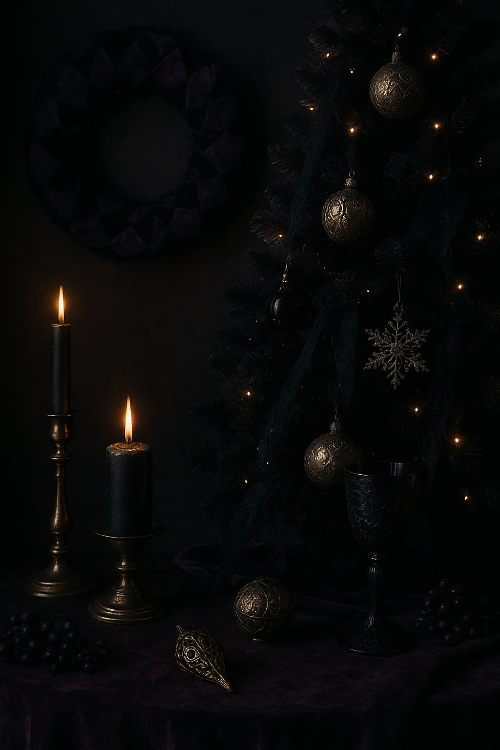 Dark moody Christmas scene with a black Christmas tree decorated with gold ornaments warm lights black candles on brass holders a black wreath and gothic style holiday accents