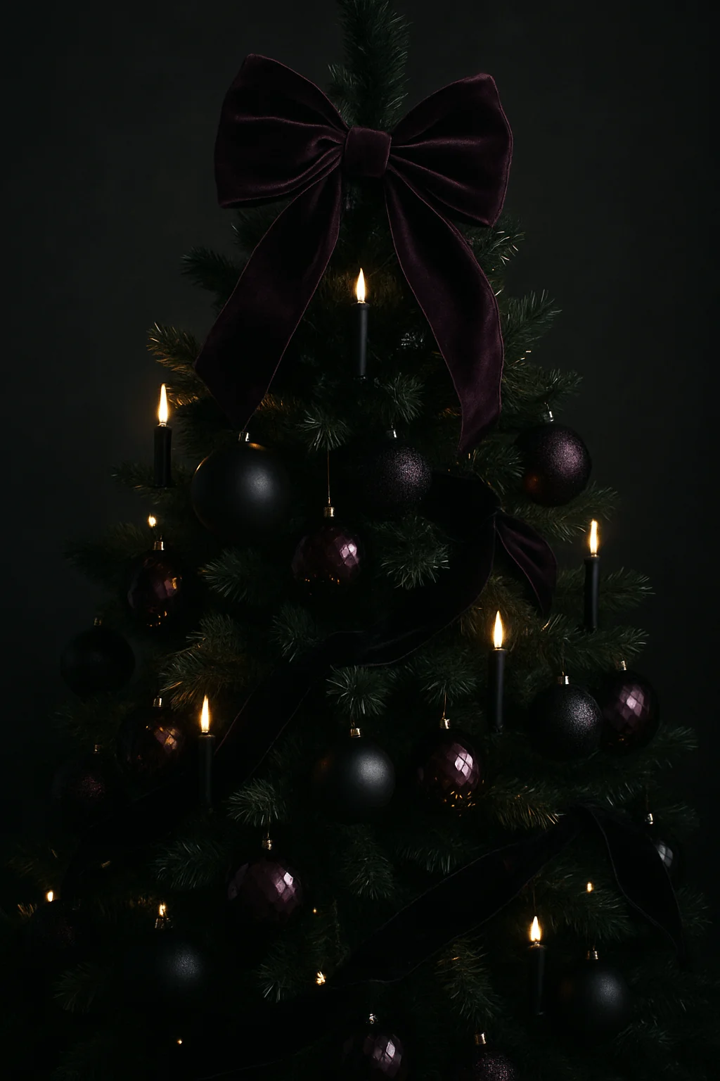 christmas tree decorated with black and deep purple ornaments black candles and dark velvet ribbon with large bow topper in gothic moody holiday style