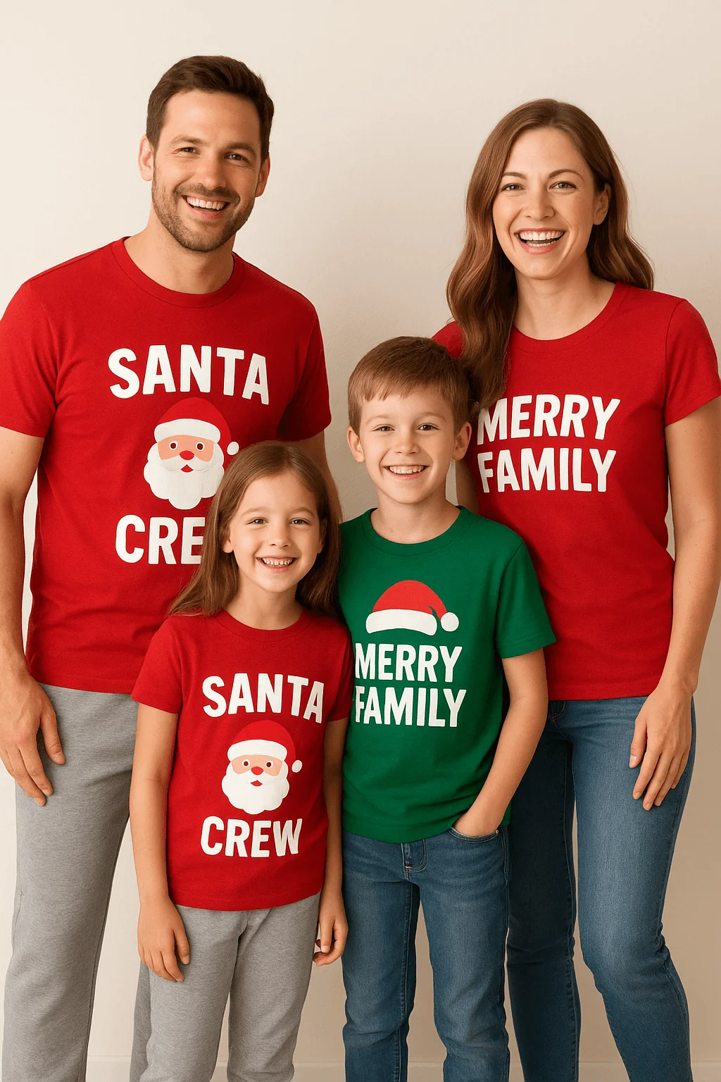 Cheerful family photo wearing matching Christmas graphic t-shirts in red and green with festive text and Santa designs, smiling together for the holidays