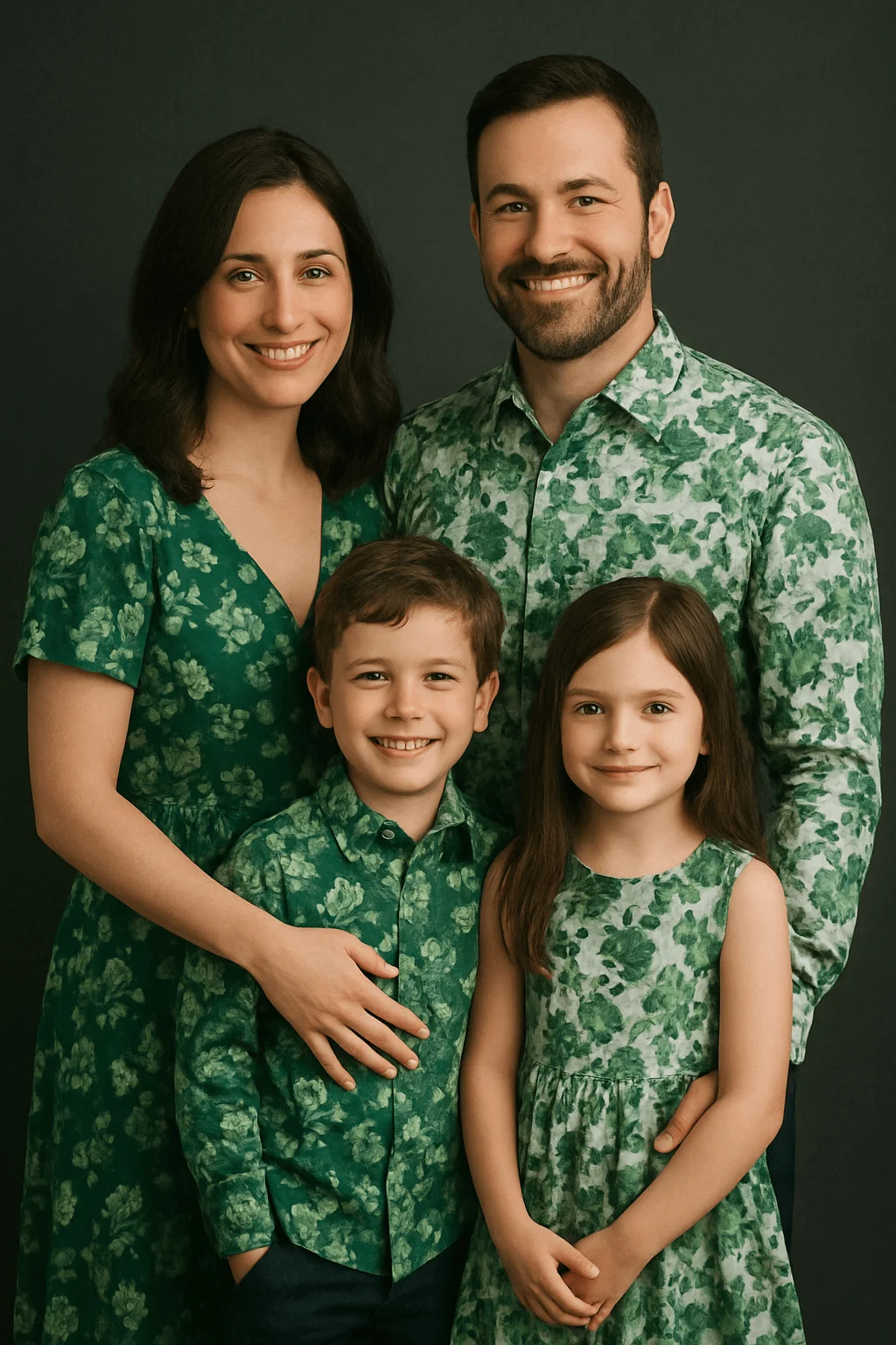 A smiling family of four wearing coordinated green floral outfits poses together in a studio against a dark background. The mother and daughter are dressed in matching green floral dresses, while the father and son wear similar green floral shirts. The parents stand behind their two children, with their arms gently around them, creating a warm and unified portrait.