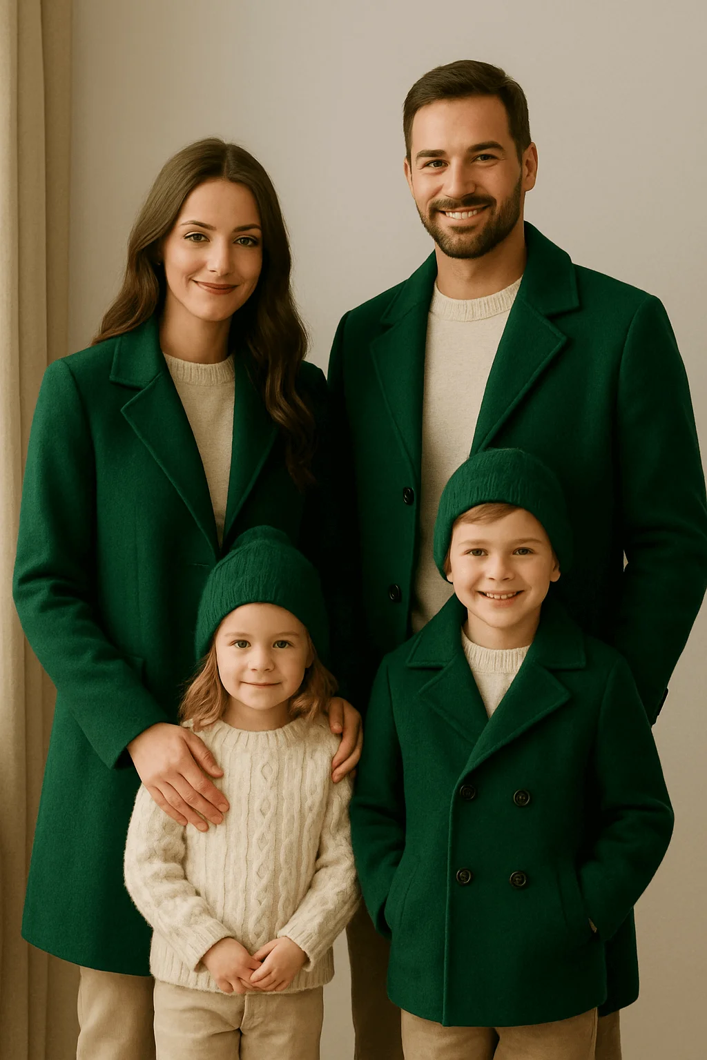 A smiling family of four wearing coordinated green wool coats and cream sweaters poses indoors. The parents stand behind their young son and daughter, who are dressed in matching green coats and knit hats, creating a cozy and elegant holiday look.
