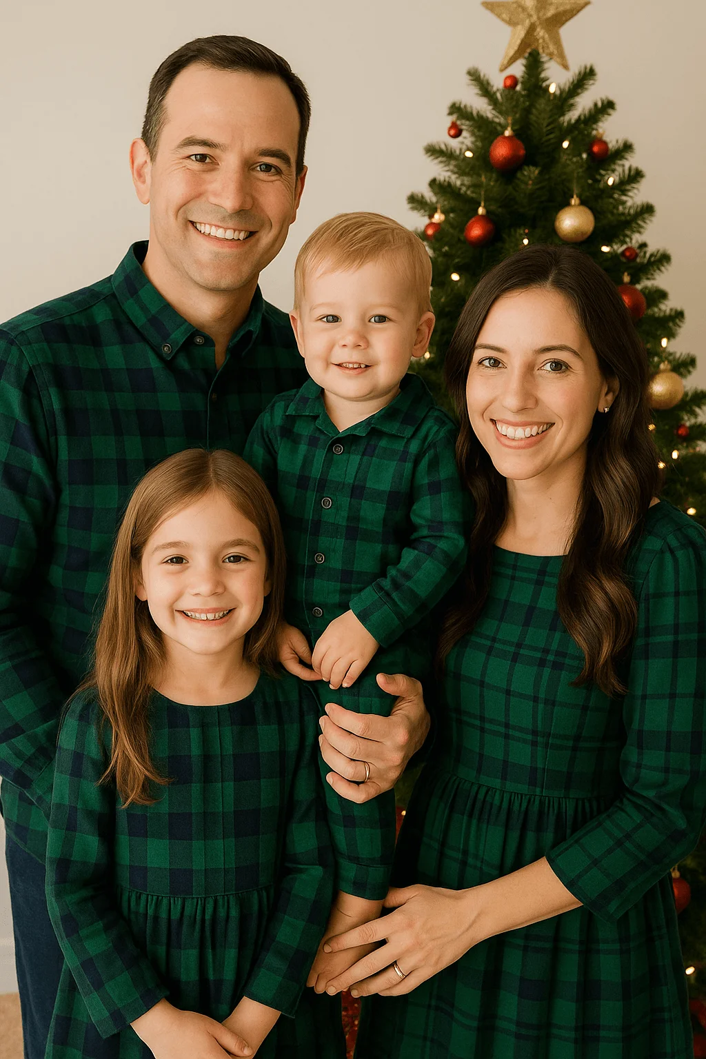 A cheerful Christmas theme featuring matching green plaid outfits for the whole family. The parents and children coordinate in forest-green checkered patterns, perfect for classic holiday photos by the Christmas tree. The look feels warm, festive, and timeless, ideal for cozy indoor portraits.