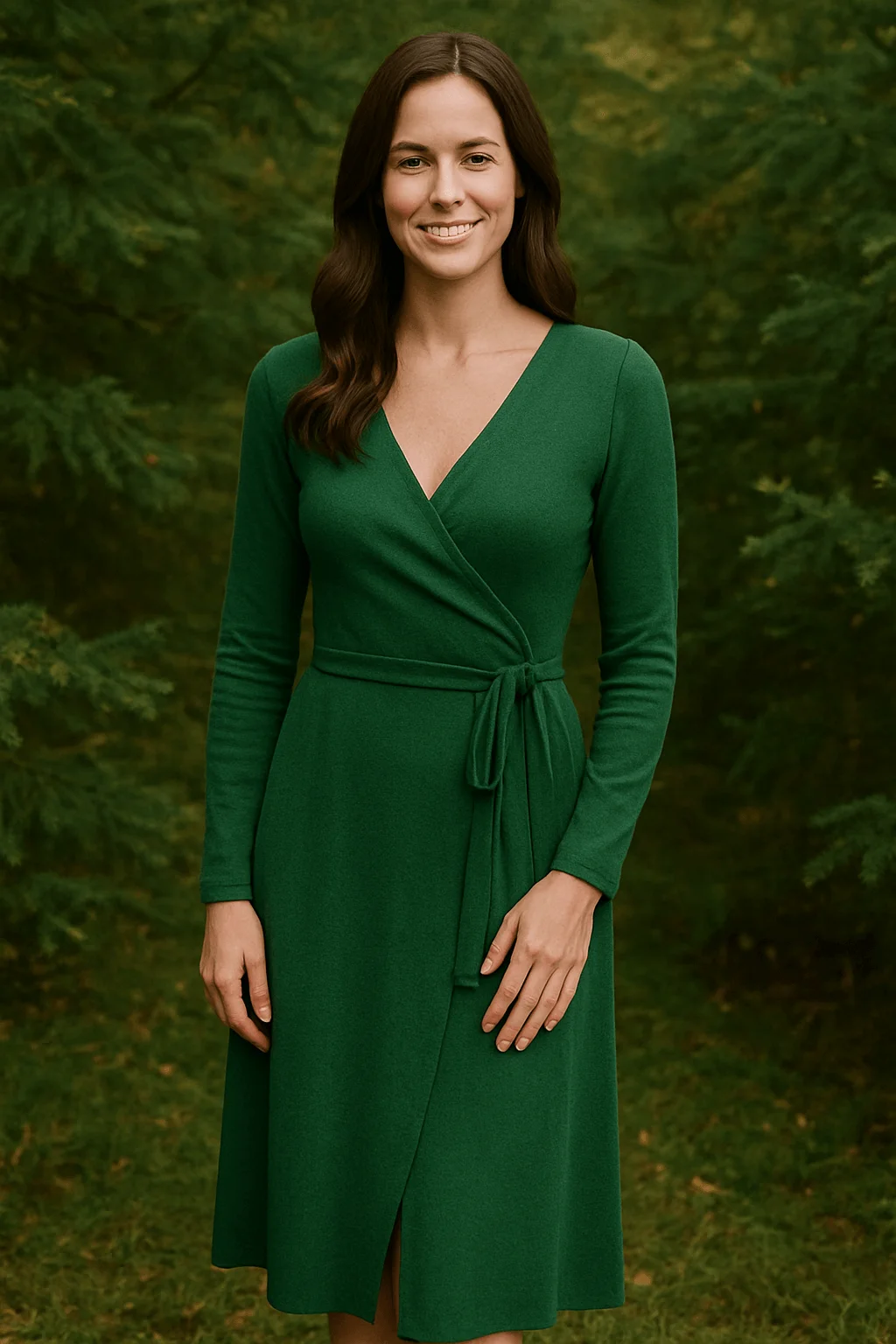 A woman standing outdoors wearing a long-sleeve green wrap dress with a tied waist. She is smiling at the camera with loose wavy hair, surrounded by lush greenery in the background.