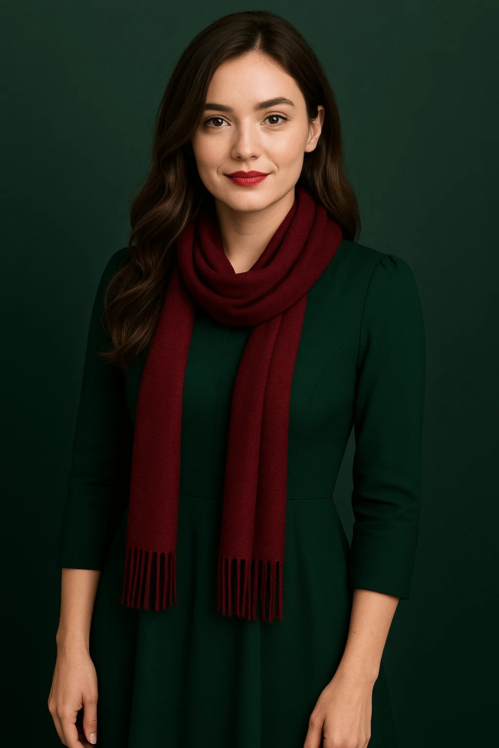 A woman wearing a dark green dress and a burgundy scarf poses against a matching green background. She has long wavy dark hair, subtle natural makeup, and red lipstick, creating a festive and elegant holiday look.