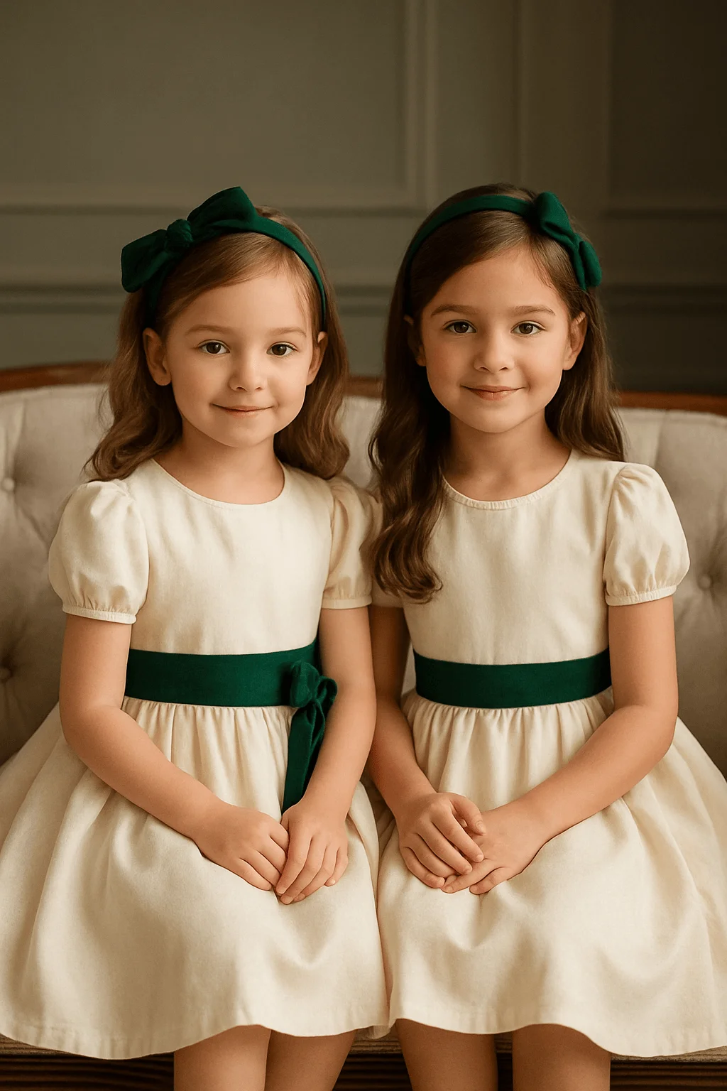 Two young girls sit side by side on a tufted beige sofa, wearing matching cream-colored dresses with puff sleeves and dark green waist sashes tied into bows. Both girls have long brown hair and are styled with matching green headbands with bows. They look directly at the camera with soft smiles, in a classic and elegant indoor setting.