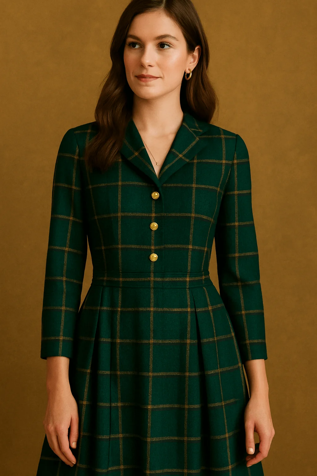 A woman wearing an elegant dark green dress with a gold windowpane plaid pattern, featuring long sleeves, a fitted waist, and four gold buttons down the front, standing against a warm brown background.