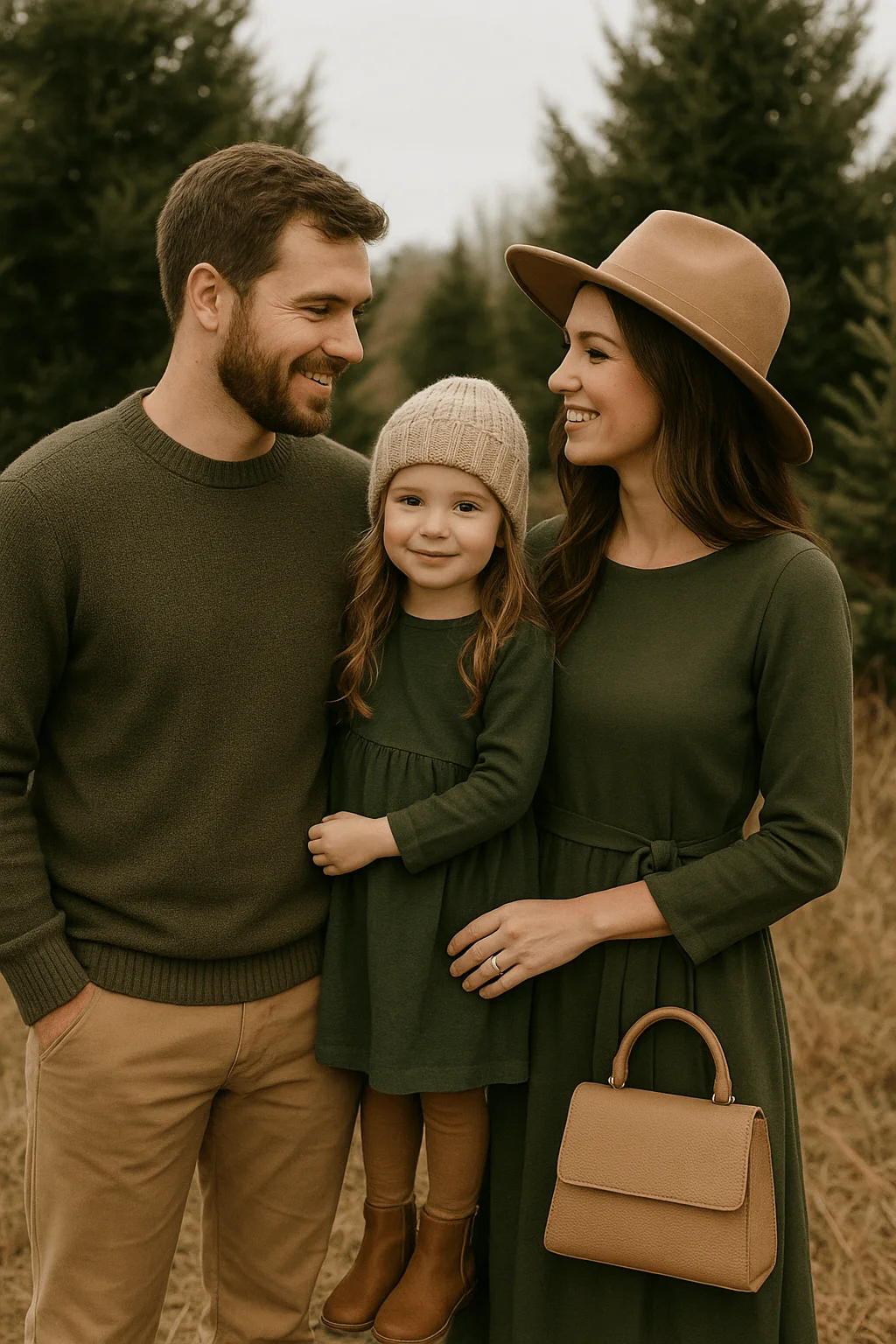 family wearing green and tan outfits for christmas photo in neutral outdoor setting