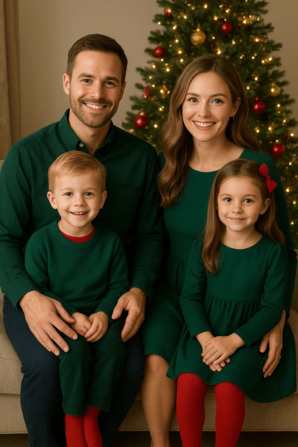A smiling family of four wearing matching dark green outfits sits in front of a decorated Christmas tree with red and gold ornaments. The father wears a green button-up shirt, the mother wears a green dress, and their two children wear green outfits with red accents, including the girl’s red bow and red tights.