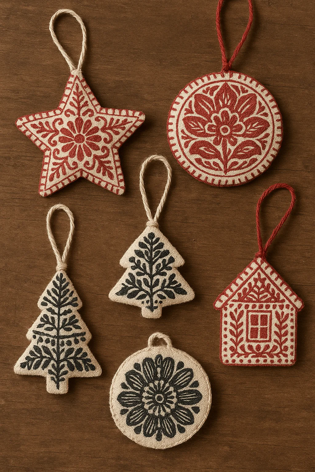 Handmade block print Christmas ornaments with embroidered red and black folk-style patterns in star tree house and round shapes on a rustic brown background