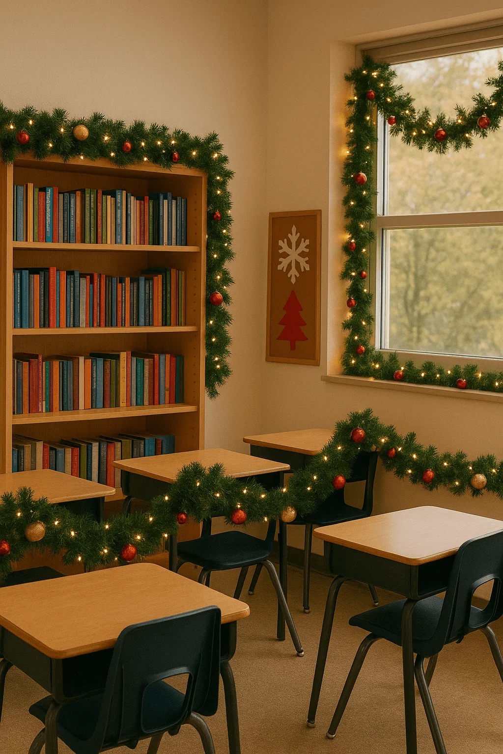 Classroom decorated with Christmas garlands wrapped in string lights and red and gold ornaments along bookshelves, windows, and between student desks, creating a cozy festive reading corner.