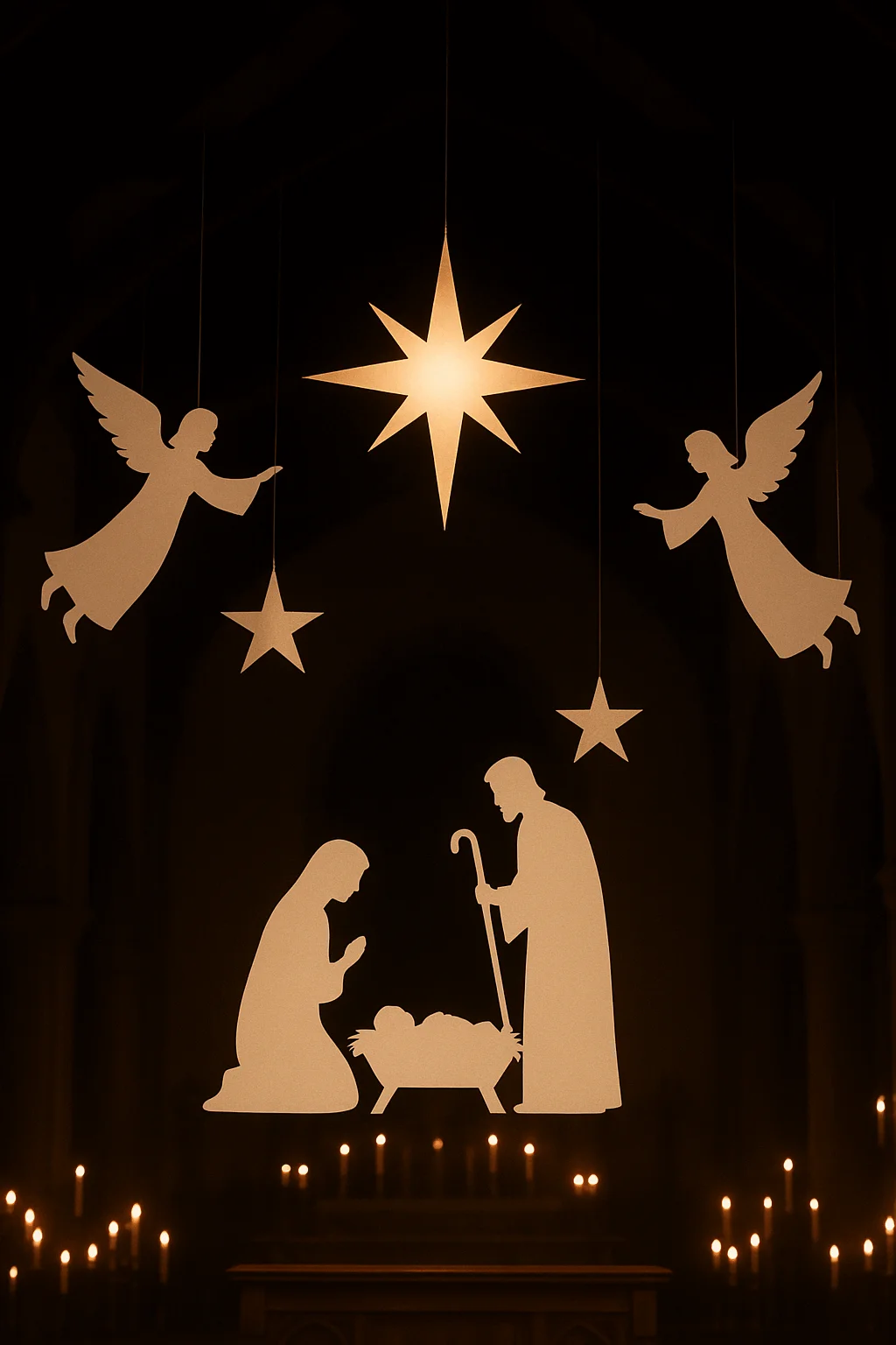 Cut-out nativity silhouettes hanging from a church ceiling, featuring Mary, Joseph, baby Jesus in a manger, a bright star, and two angels above, softly illuminated by warm candlelight.