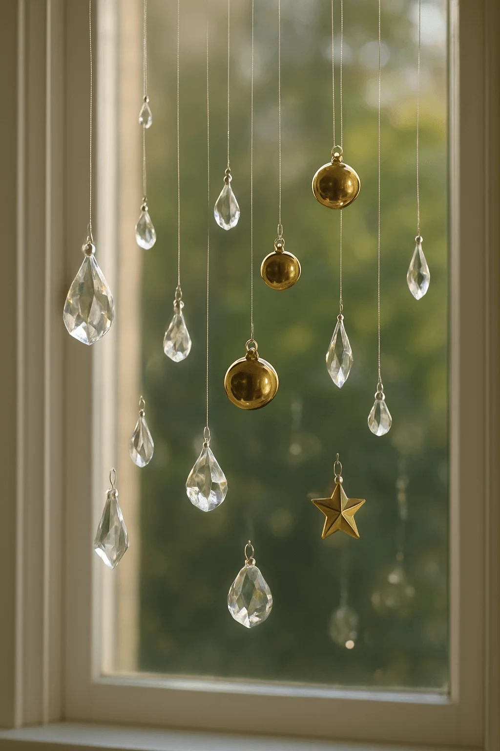 Elegant Christmas window decor with hanging crystal drops gold ornaments and a gold star creating a sparkling light catching holiday display