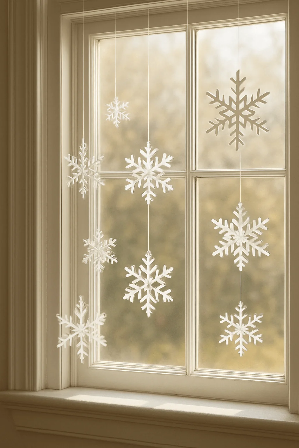Elegant winter window decorated with hanging white snowflakes in different sizes creating a soft floating effect against a warm natural light background