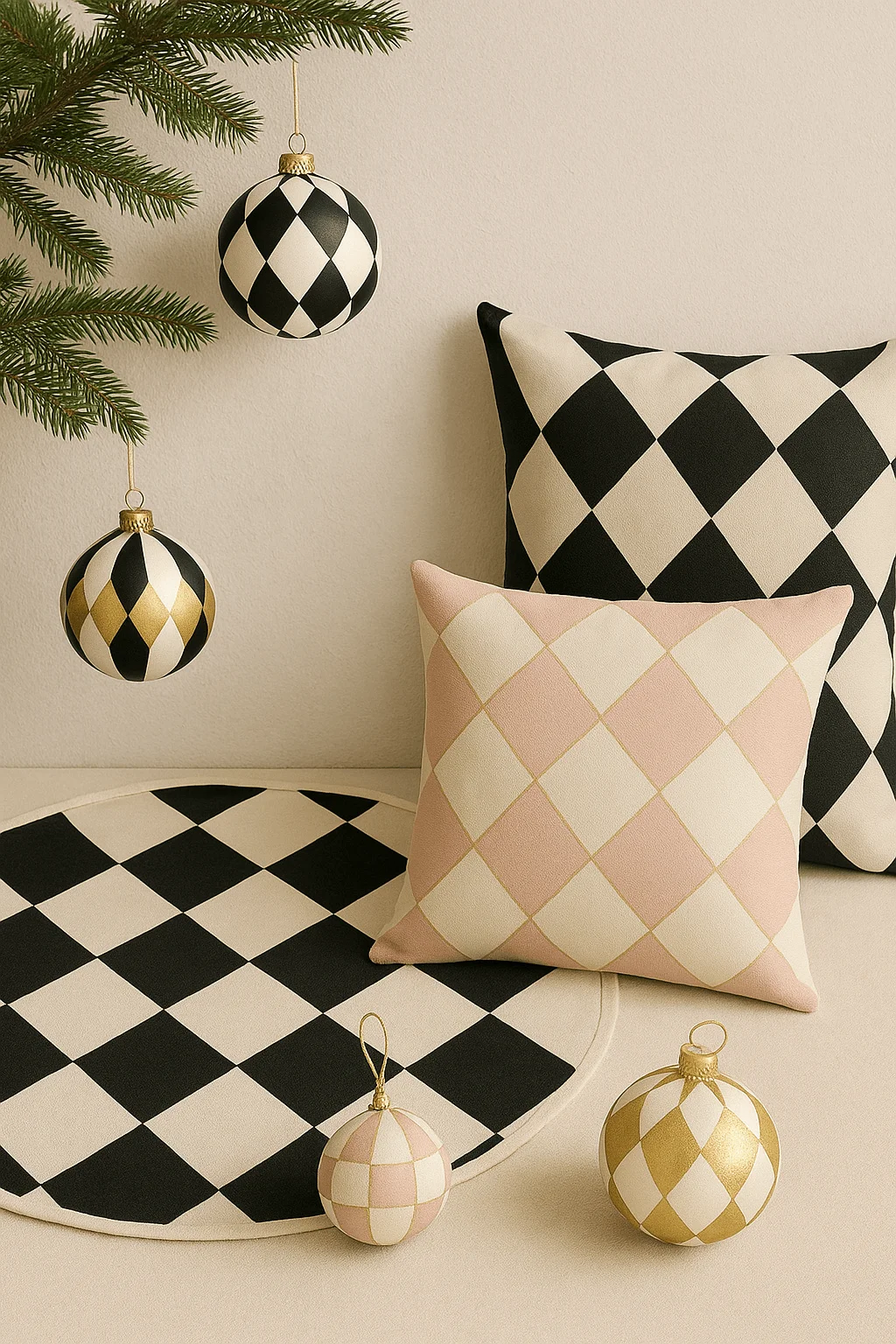 Harlequin patterned Christmas décor featuring black-and-white and pink-and-cream diamond print pillows, matching tree skirt, and coordinating ornaments in black, gold, and blush tones displayed beside evergreen branches