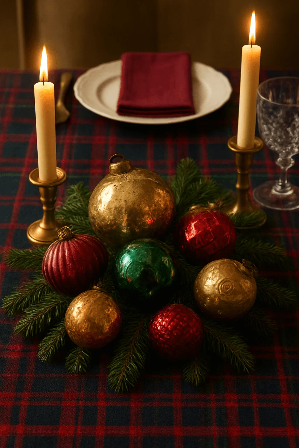 Classic Christmas table setting with vintage red, gold, and green ornaments arranged on evergreen branches, placed on a red-and-navy plaid tablecloth, surrounded by brass candlesticks with lit taper candles and a white plate with a red napkin.