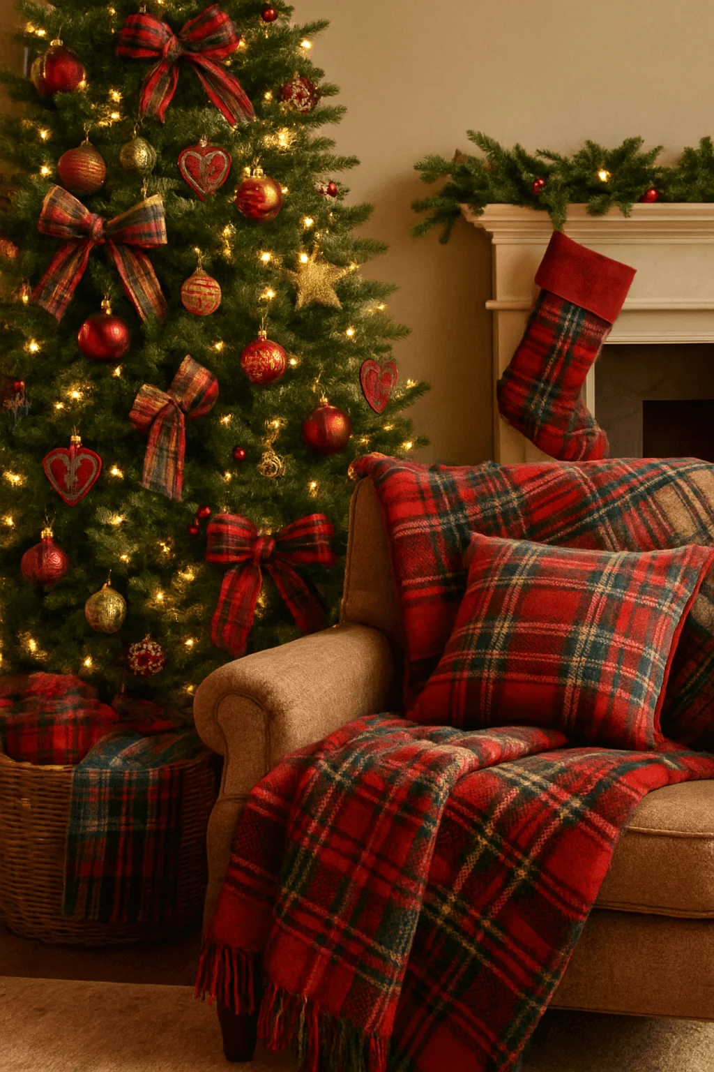 Cozy Christmas living room with a decorated tree featuring red ornaments and plaid bows beside an armchair draped in red and green tartan blankets and matching pillows
