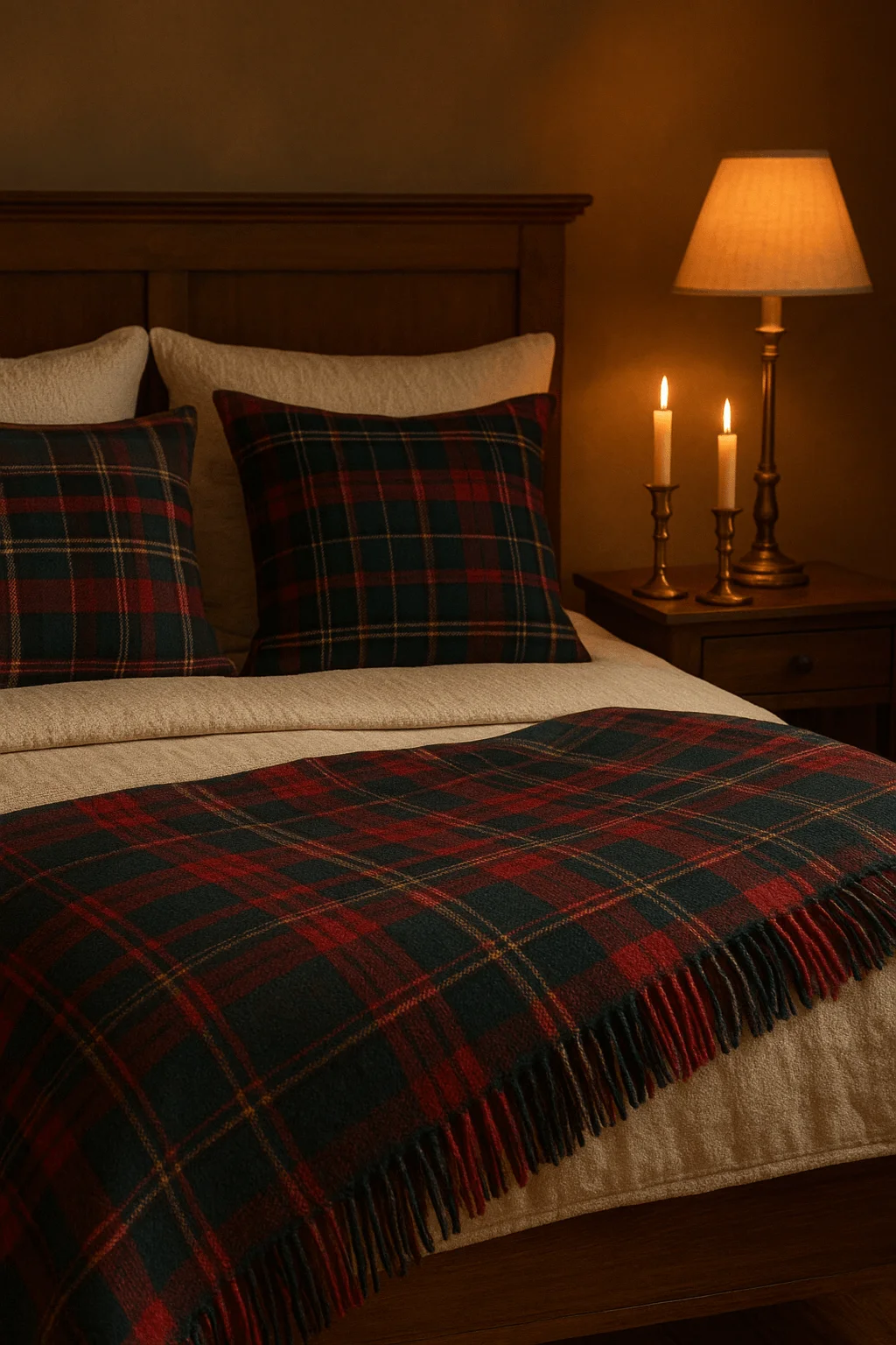 Cozy bedroom with tartan plaid blanket and pillows, warm lighting from candles and a bedside lamp creating a rustic holiday atmosphere