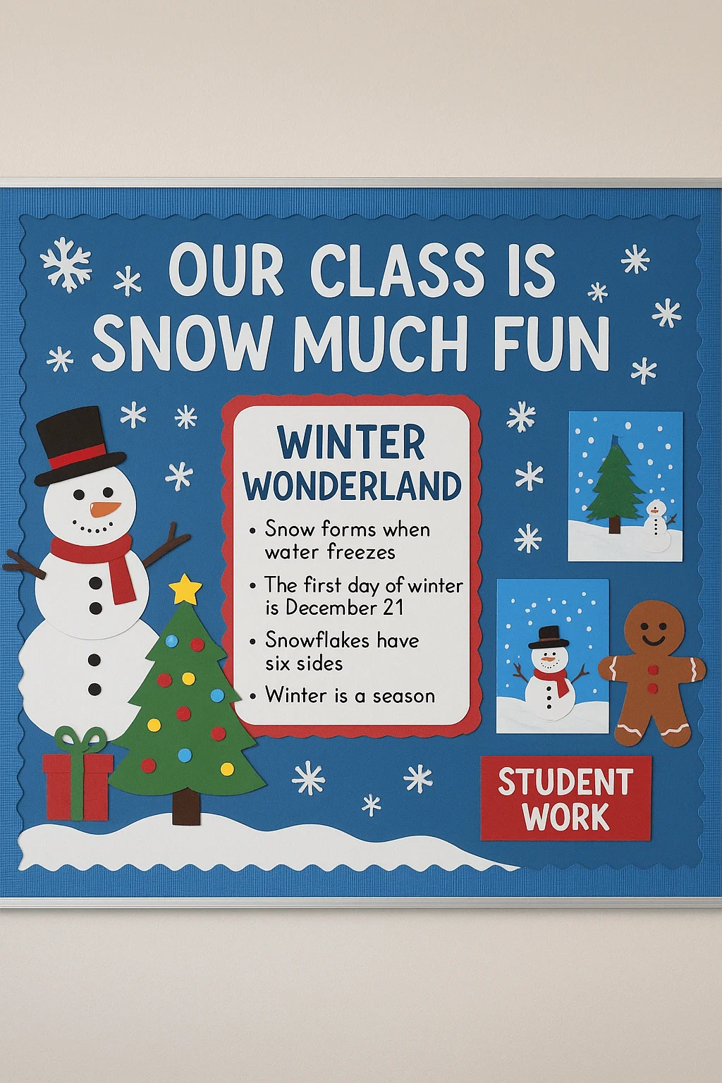 Winter classroom bulletin board with the title ‘Our Class Is Snow Much Fun,’ featuring a snowman, Christmas tree, gingerbread figure, snowflakes, and student winter artwork around a central ‘Winter Wonderland’ facts poster