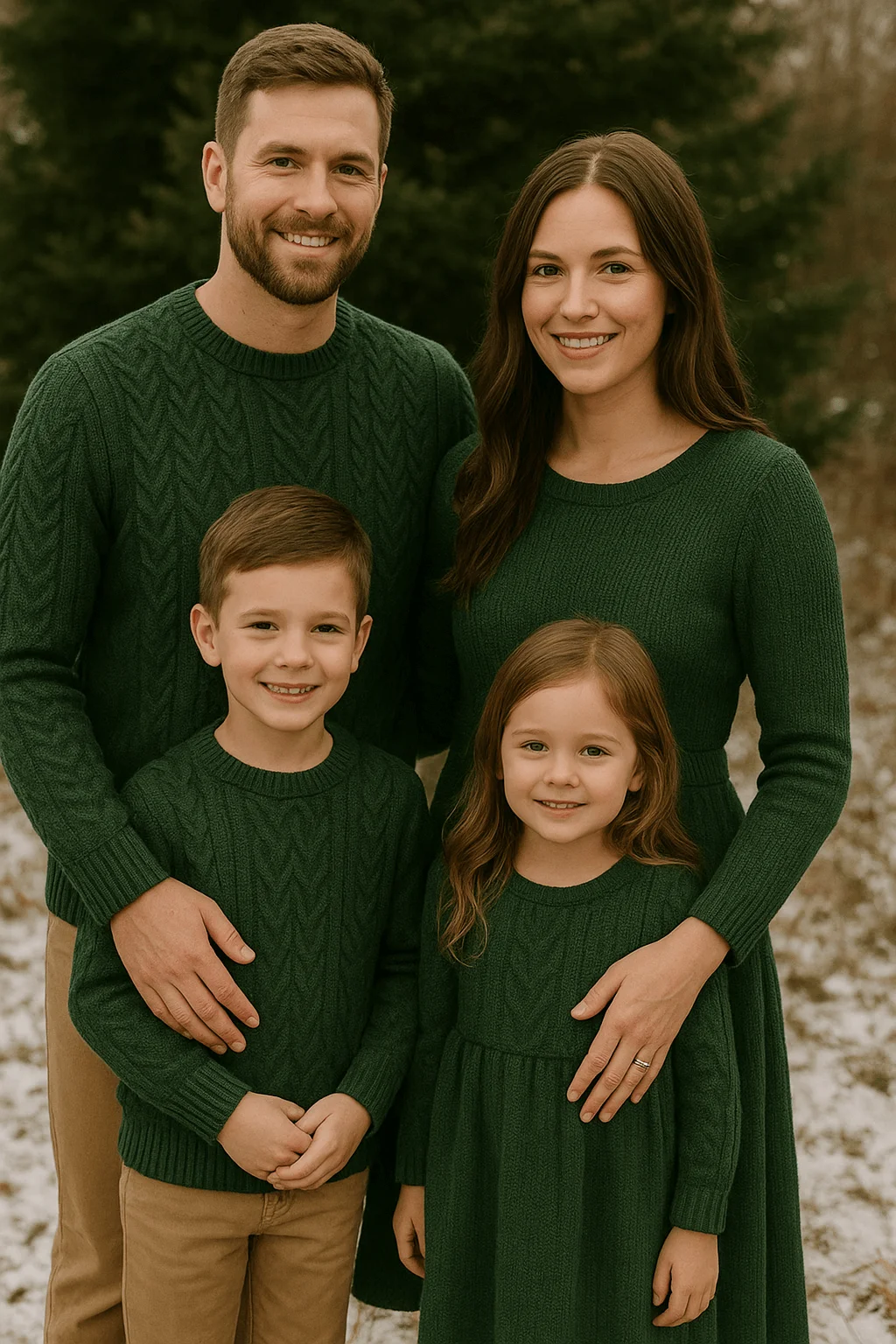 A family of four poses outdoors in matching dark green cable-knit sweaters. The parents stand behind their young son and daughter, who are wearing coordinating knit outfits, creating a cozy winter holiday look with pine trees and light snow in the background.