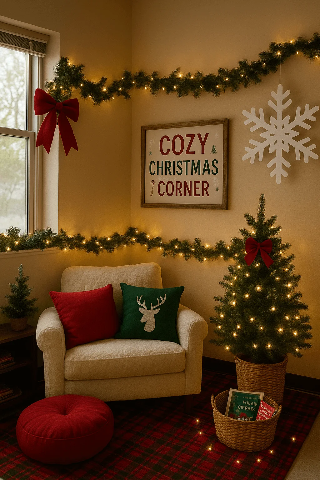 Cozy Christmas reading corner with a cushioned armchair, red and green holiday pillows, lit garlands, a small decorated Christmas tree, a large hanging snowflake, and baskets with children’s books on a plaid rug