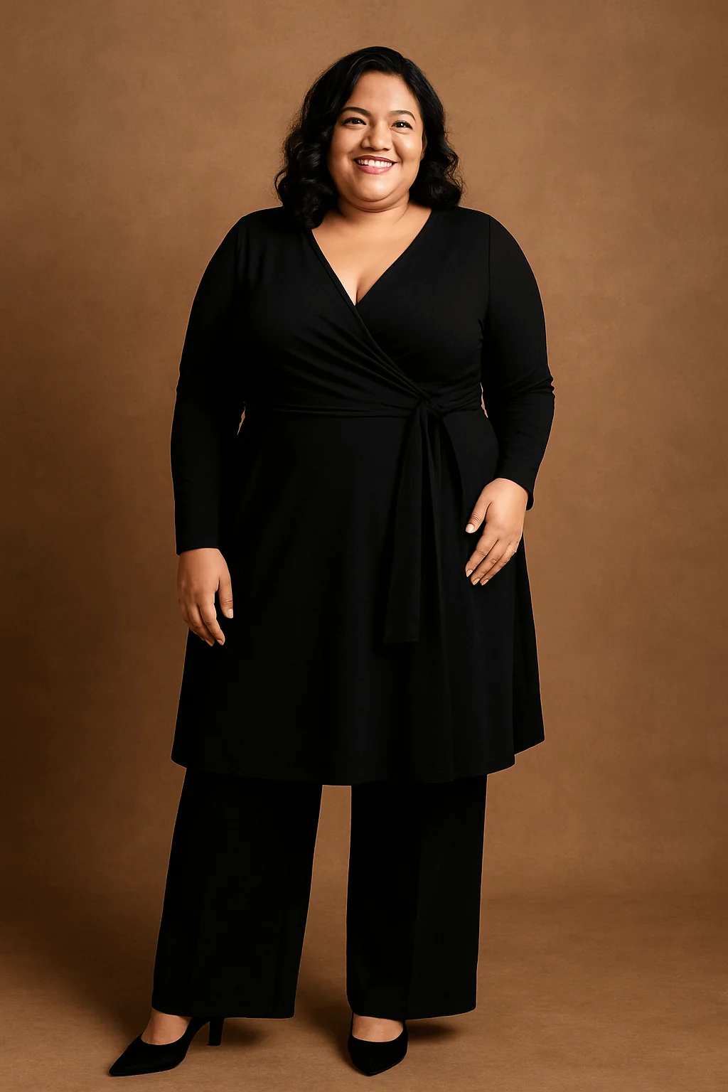 Smiling woman wearing a long-sleeve black wrap dress paired with black wide-leg pants and black heels, standing in front of a warm brown backdrop.