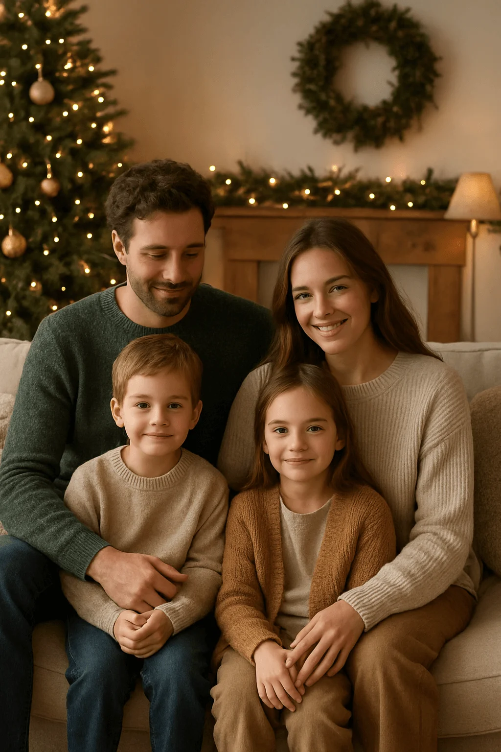 Cozy indoor Christmas family portrait sitting on a sofa with warm neutral outfits in front of a decorated Christmas tree and holiday wreath