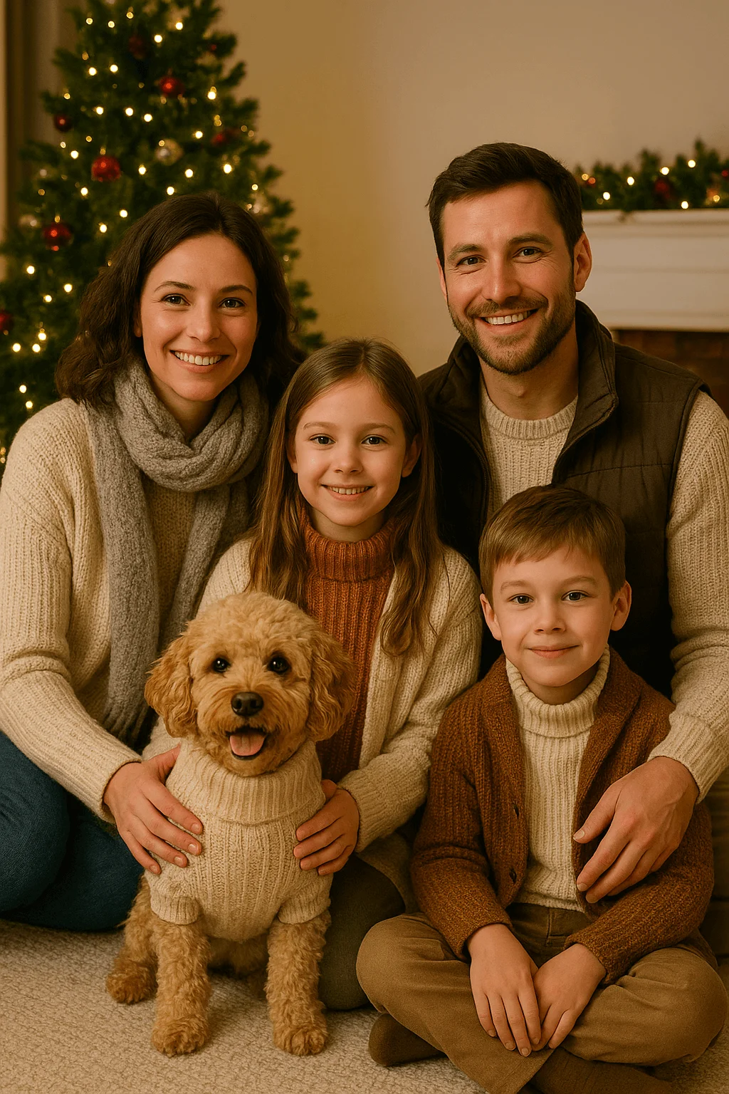 A family of four sits together indoors near a lit Christmas tree, all wearing cozy neutral sweaters and layered knits. A small curly-haired dog in a matching cream sweater sits in front, while the parents and two children smile warmly at the camera.