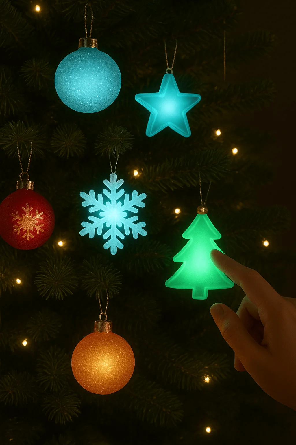 Colorful glowing Christmas ornaments in shapes like a star, snowflake, and tree, hanging on a holiday tree, with a hand touching a light-up green tree ornament for an interactive festive effect