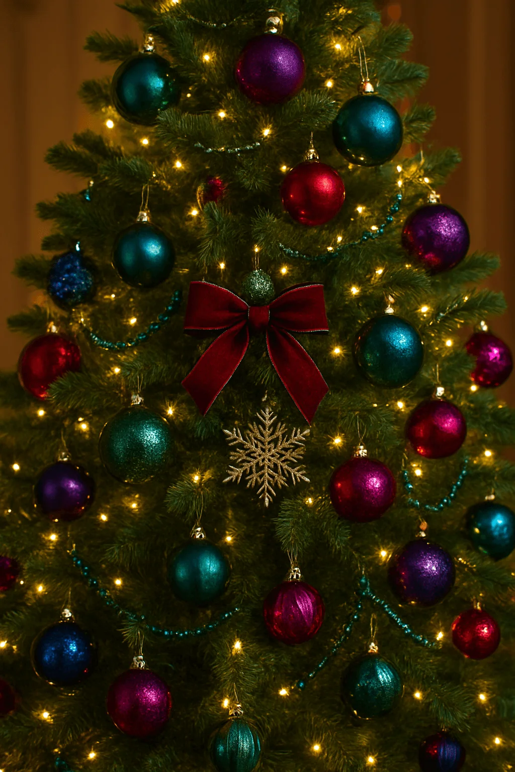 Christmas tree decorated with jewel tone ornaments in teal purple and red with warm string lights beaded garlands a gold snowflake ornament and a burgundy velvet bow