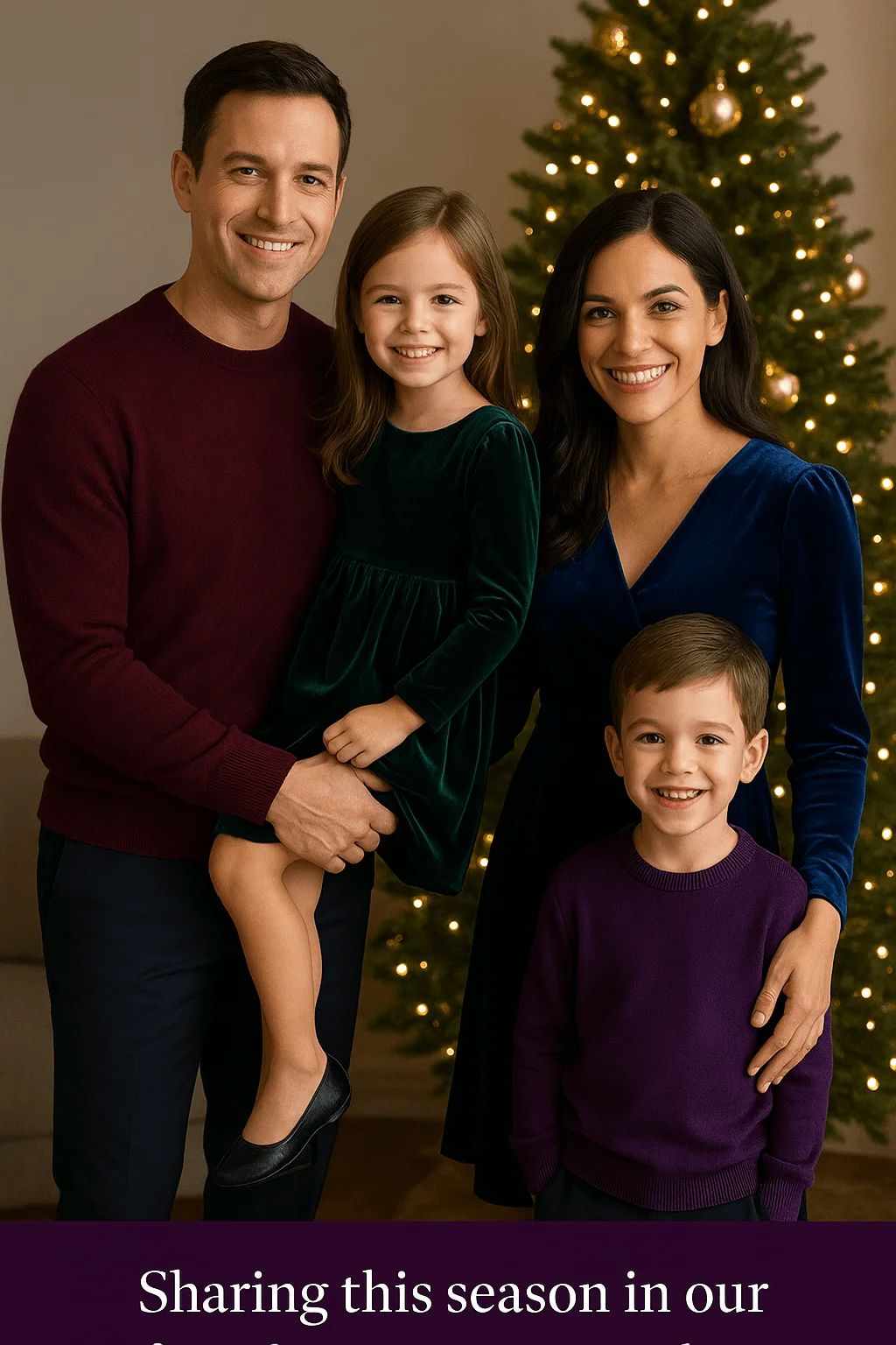 A family of four dressed in coordinating jewel-tone outfits poses indoors in front of a lit Christmas tree, smiling warmly together