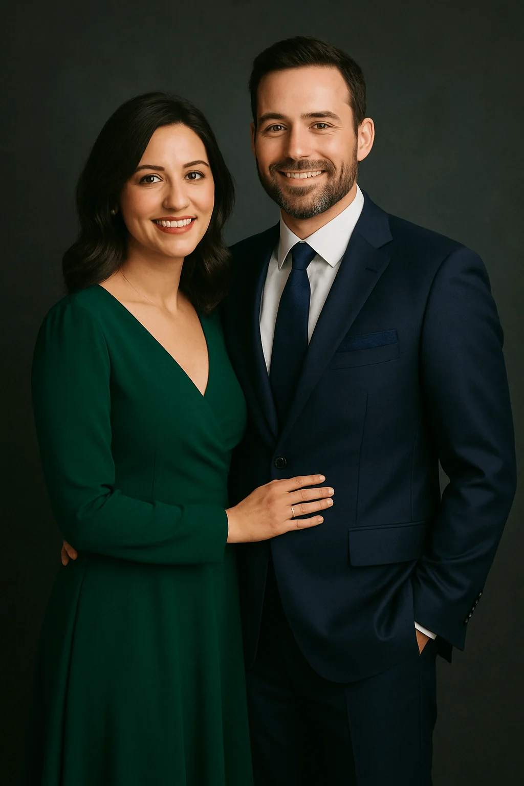 A couple posing together in a studio setting. The woman is wearing a long-sleeve emerald green dress and has shoulder-length dark hair, while the man stands beside her in a navy blue suit with a matching tie. Both are smiling warmly against a dark background.