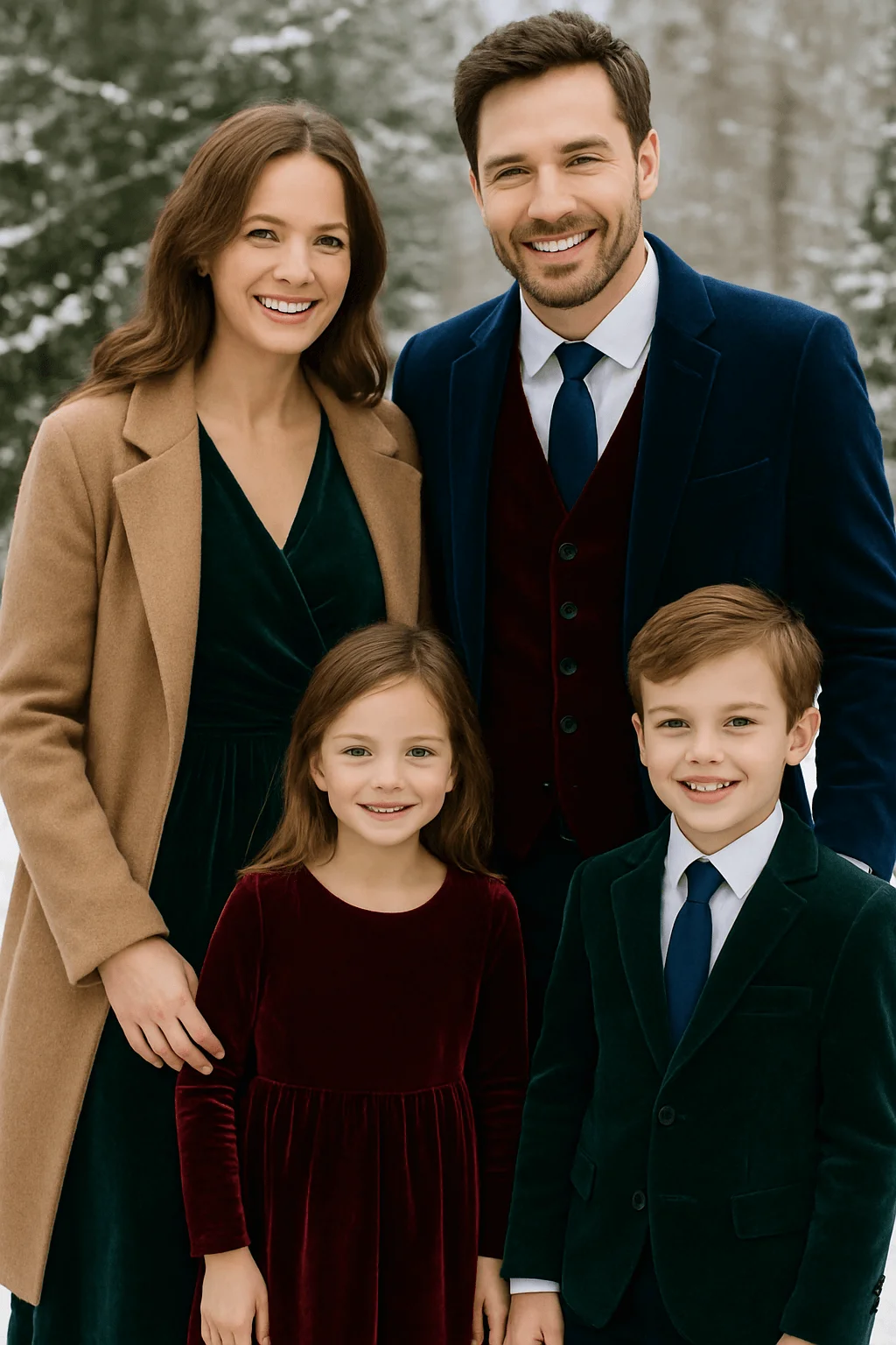 Family dressed in elegant jewel tone velvet outfits posing outdoors for Christmas photos