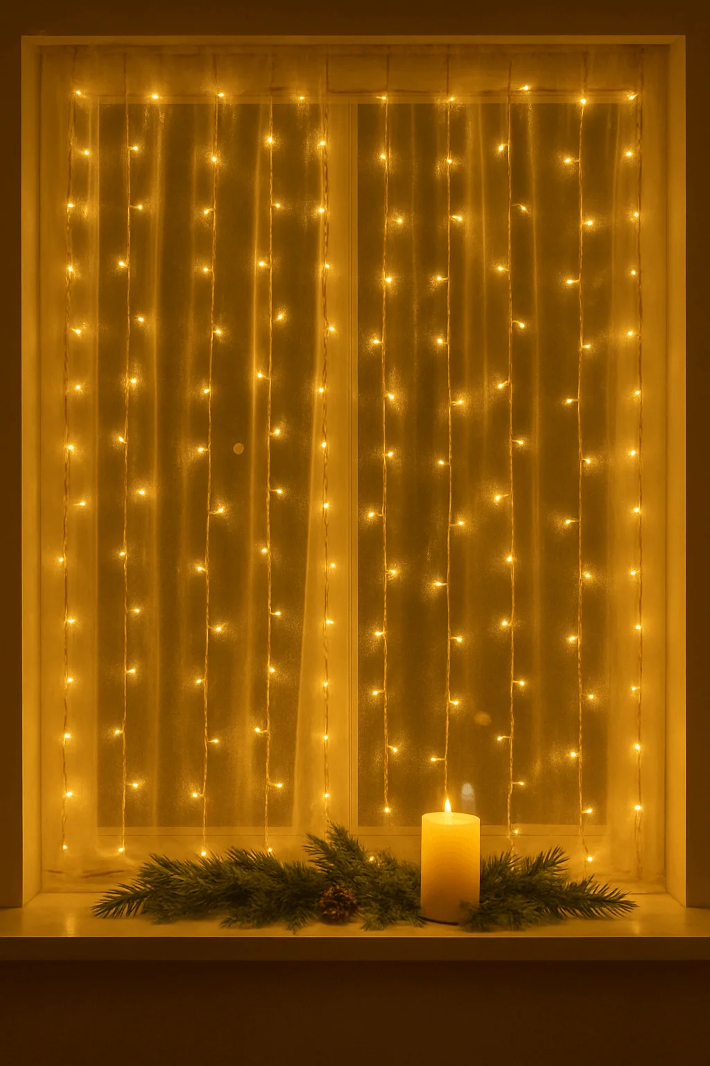 Warm golden Christmas window decorated with soft sheer curtains and hanging LED string lights with a glowing candle and pine greenery on the sill creating a cozy magical holiday atmosphere