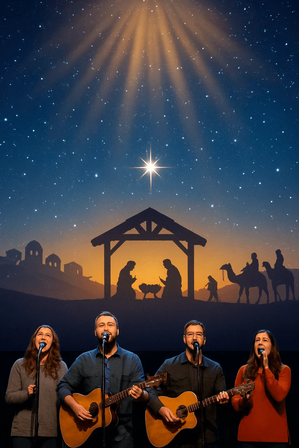 Christmas worship team singing with guitars in front of nativity star backdrop and manger scene projection