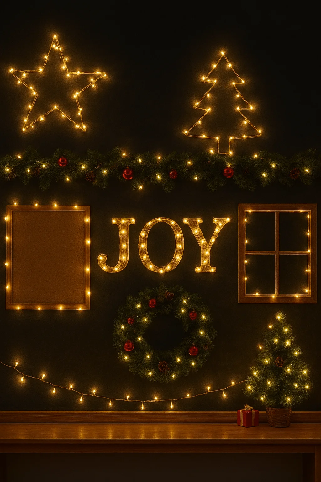 Warm white LED holiday lights forming a star, Christmas tree, empty frame, and window on a dark wall, with a lit ‘JOY’ sign, a decorated wreath, garland with ornaments, and a small illuminated Christmas tree on a shelf.