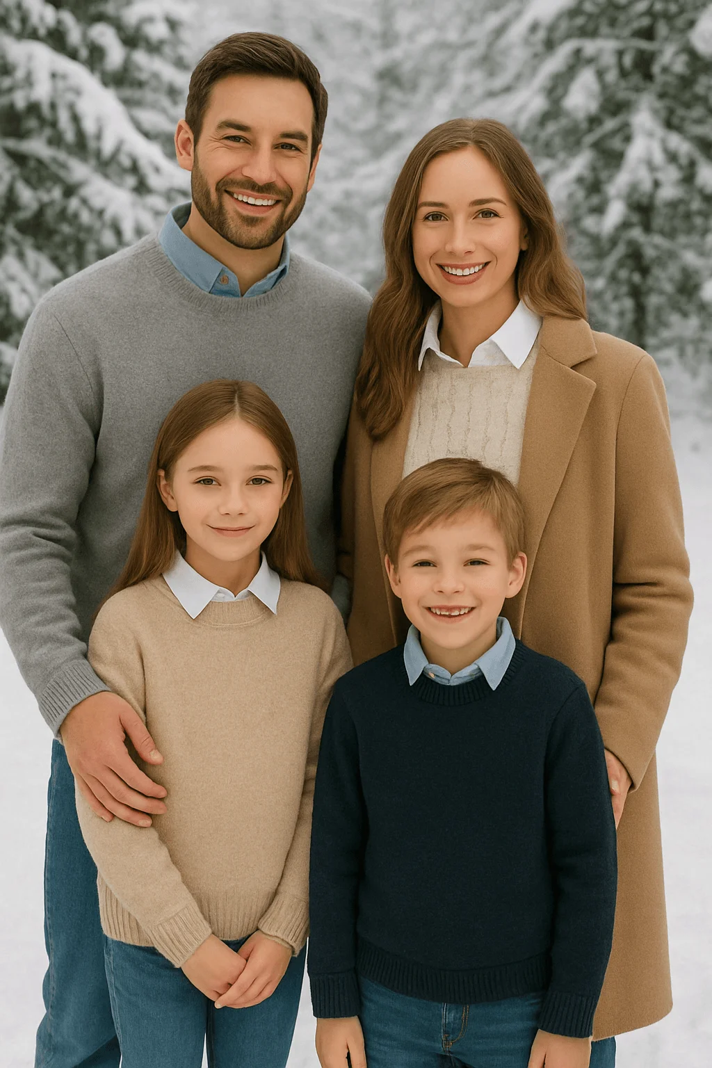 Family wearing coordinated winter outfits with layered button-up shirts under neutral sweaters and a camel coat, posing together in a snowy forest backdrop.