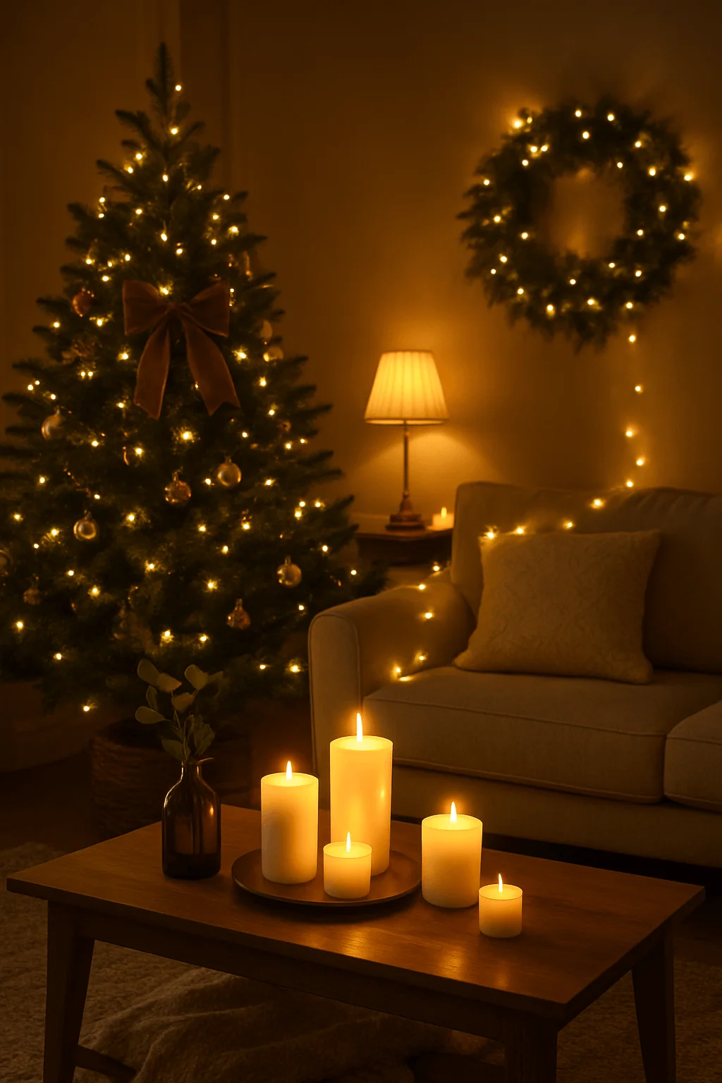 Cozy Christmas living room with warm ambient lighting, featuring a softly lit tree, glowing wreath, and a cluster of candles creating a calm, inviting atmosphere