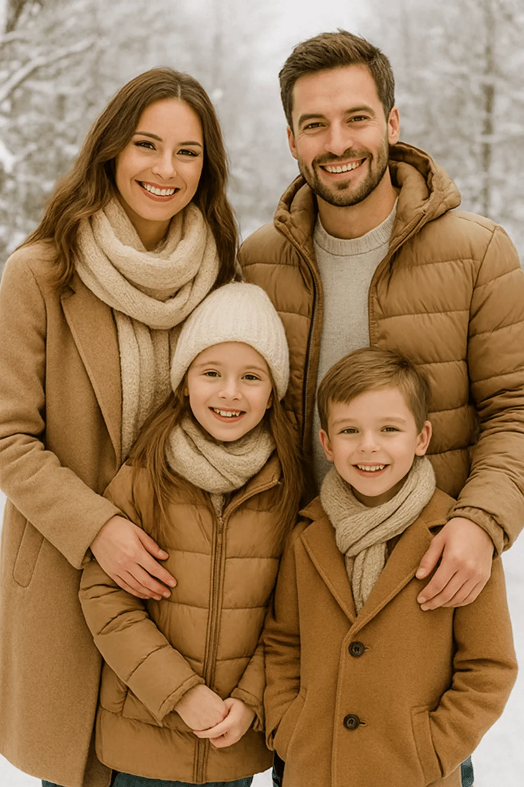 Coordinated family winter portrait wearing neutral tan coats and scarves against a snowy outdoor background