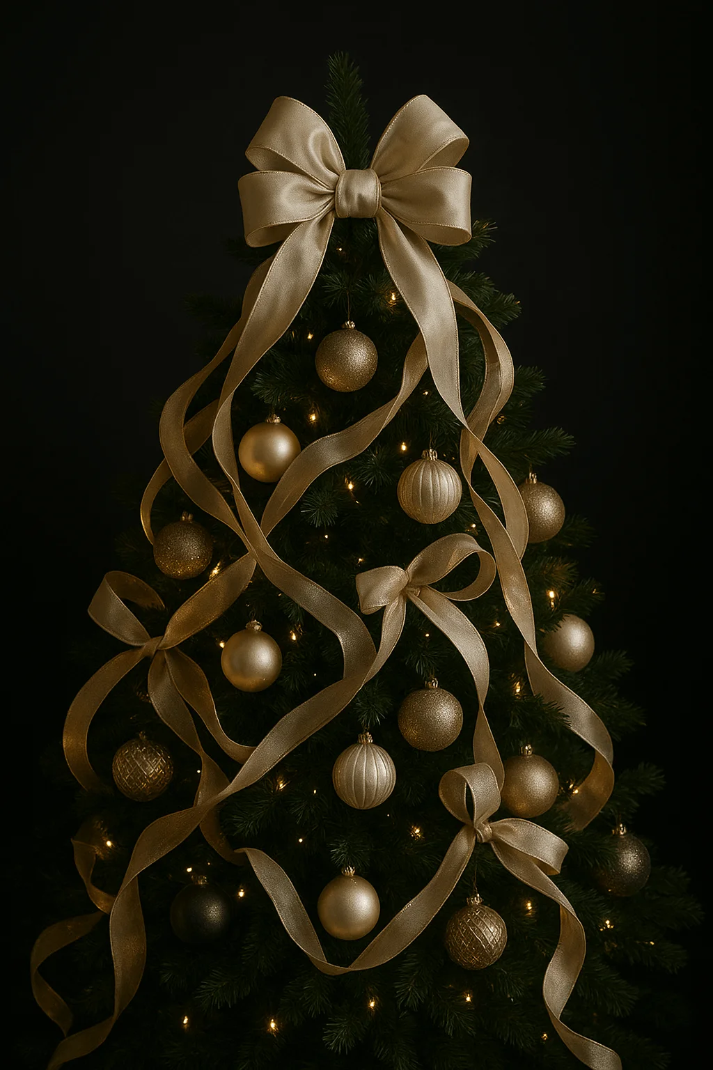 elegant christmas tree decorated with layered gold ribbons and matching ornaments, featuring a large bow topper for a cohesive and luxurious holiday look