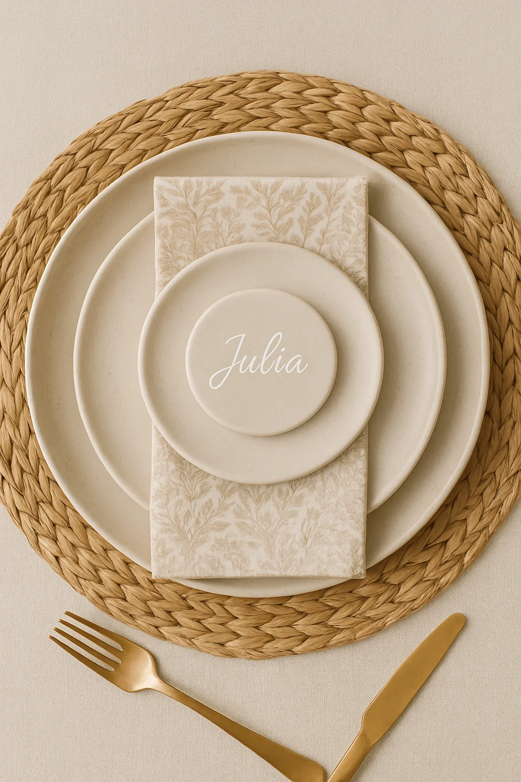 Neutral personalized table setting with layered beige plates, woven charger, patterned napkin, and name card reading “Julia,” styled with gold flatware.