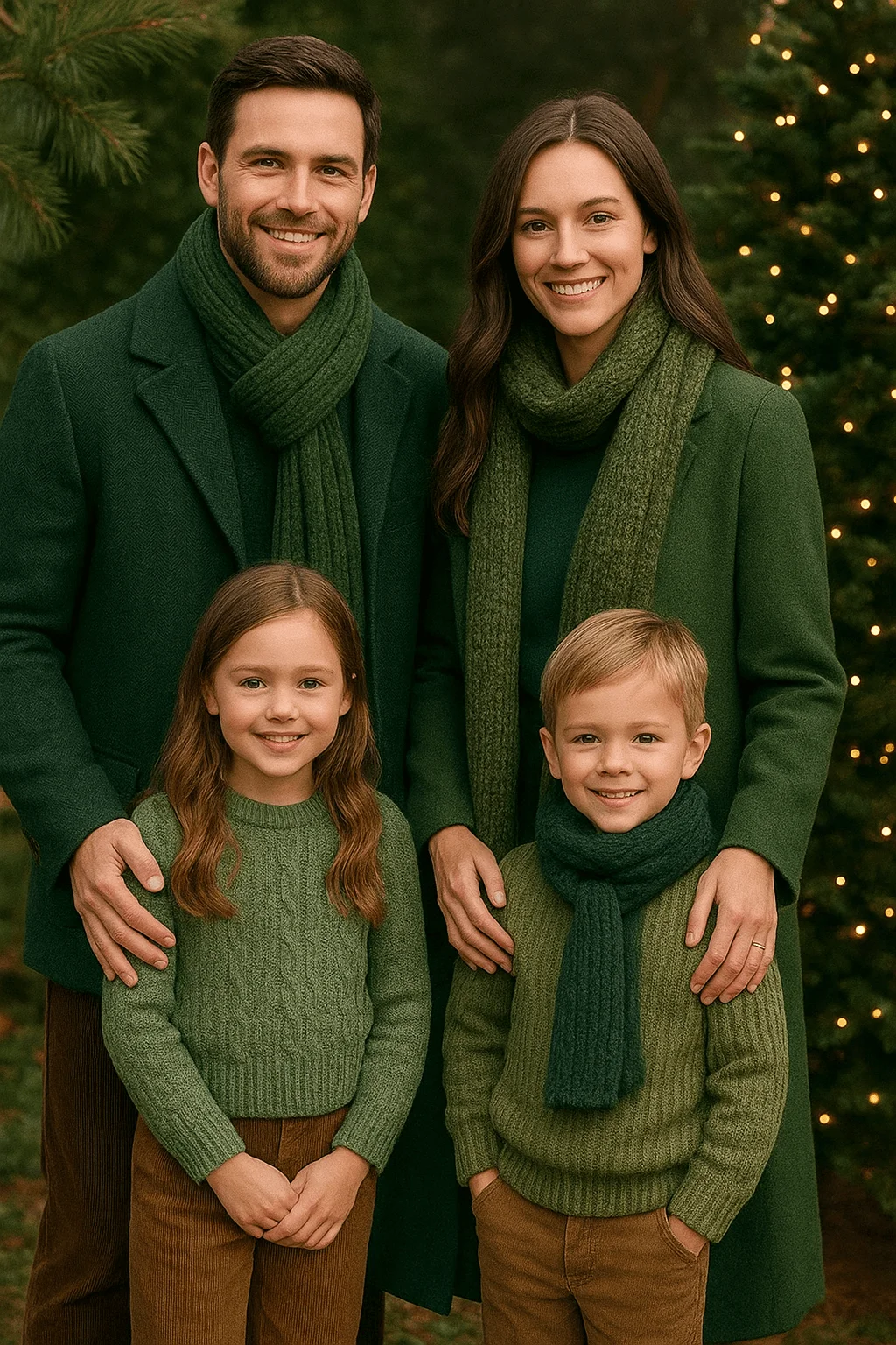 A family of four poses outdoors wearing coordinated deep green coats, knit scarves, and green sweaters paired with brown corduroy pants. The parents stand behind their smiling young children, with a lit Christmas tree and evergreen foliage in the background, creating a warm holiday portrait.